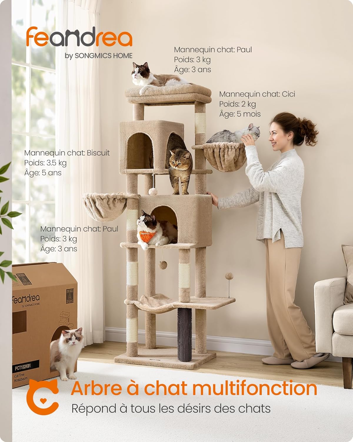 Thumbnail 2 de Feandrea Grand Arbre à Chat, Tour 175 cm – Multi-niveaux avec 2 Niches, 2 Paniers, 5 Griffoirs et Hamac (Marron Camel) PCT182K01
