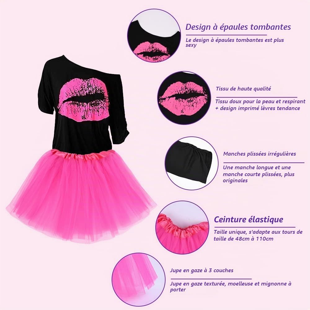 Detalle de AOMIG C2-XXXL8PS220611-FBA jaren 80-kostuumset XXXL met lippenprint en neonaccessoires