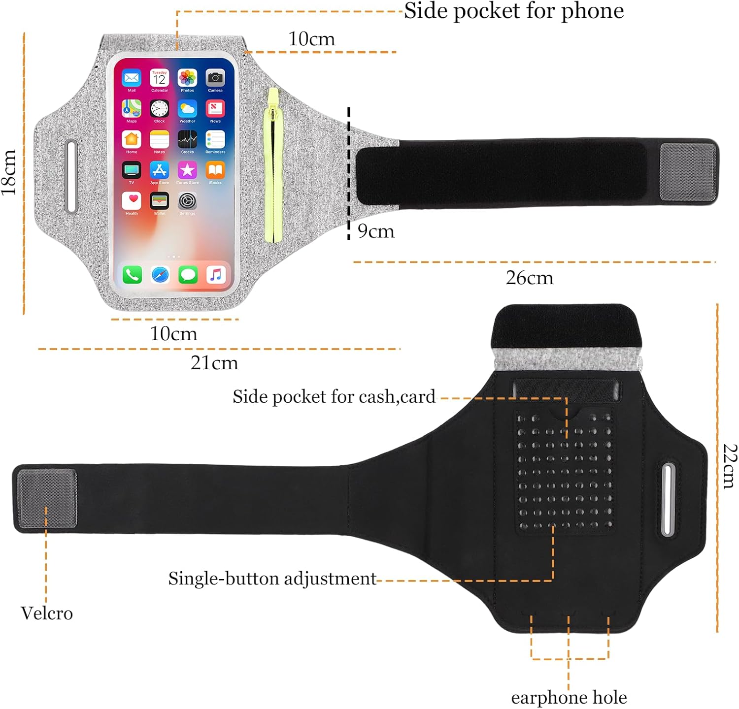 Thumbnail 6 de Sportarmband mit Kopfhörer Tasche – Joggen-Hülle kompatibel mit iPhone 16 Pro Max / 15 Pro / 14 / 13 Pro / 12 Plus und Huawei P70 Pro