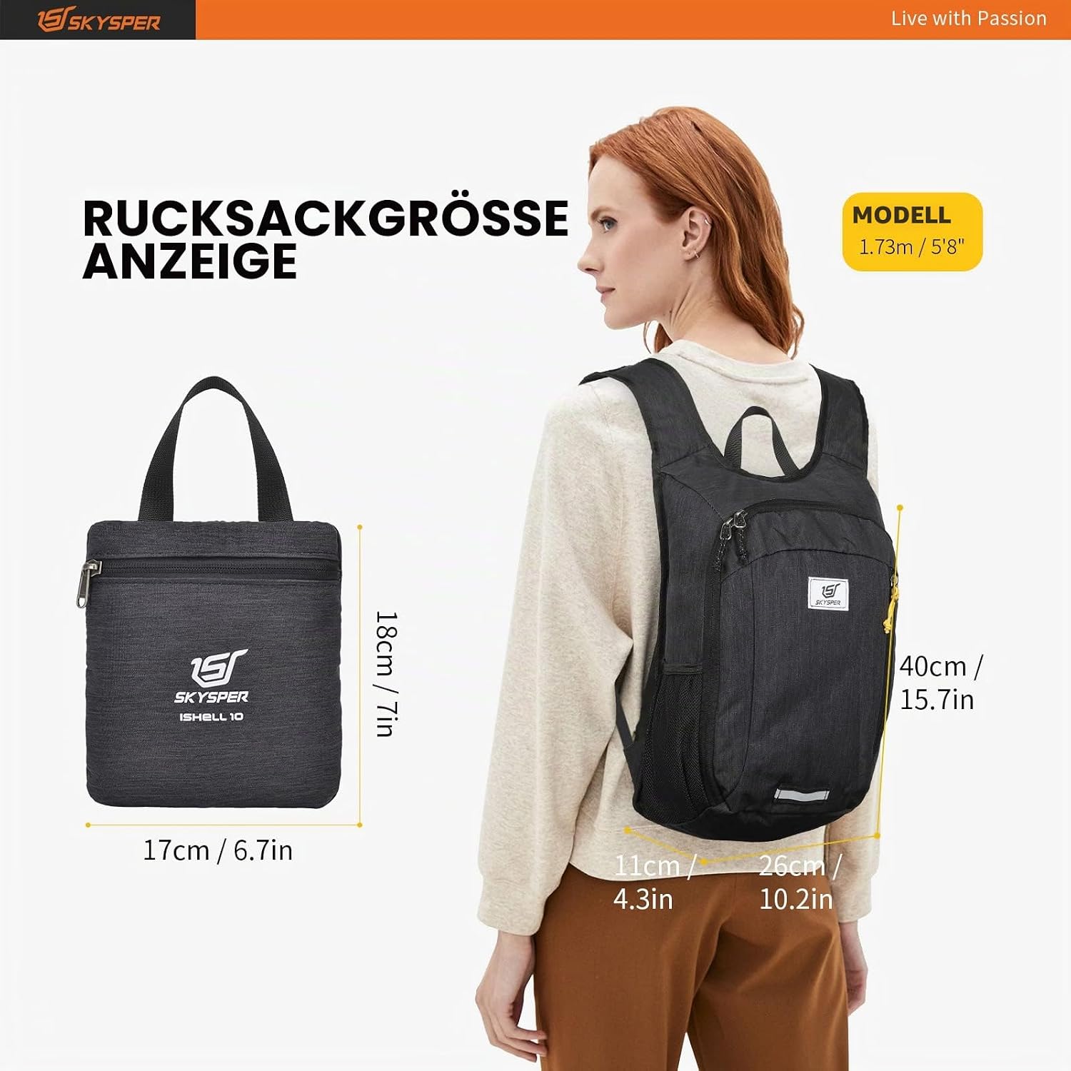 Detalle 2 de SKYSPER faltbarer Ultraleicht-Rucksack 10/15/20 L – wasserfeste Daypack für Tagesausflüge & Reisen