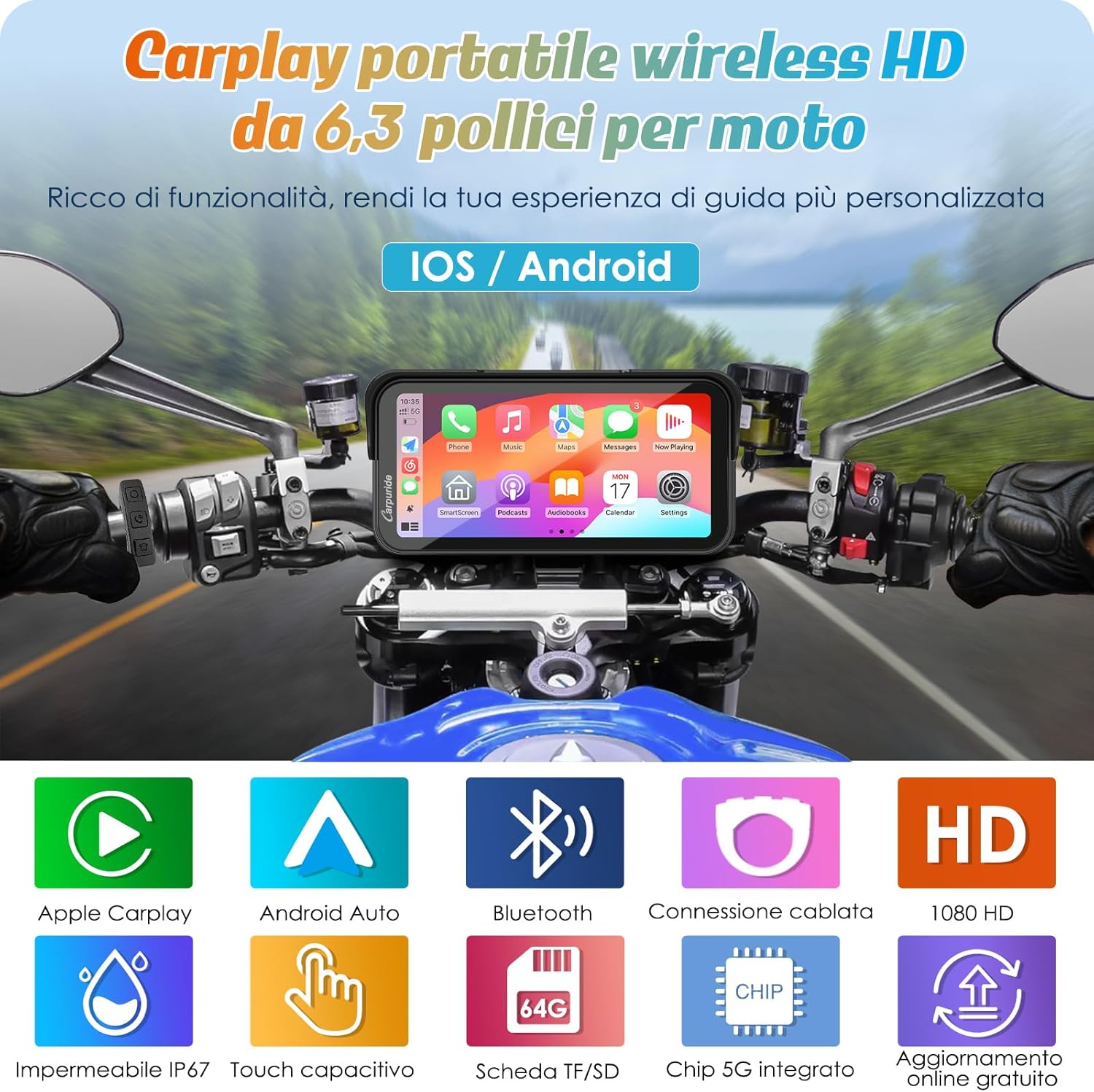 Thumbnail 1 de Carpuride W603 schermo CarPlay per moto da 6,3” wireless e Android Auto, touch impermeabile IP67 con audio BT e controllo vocale