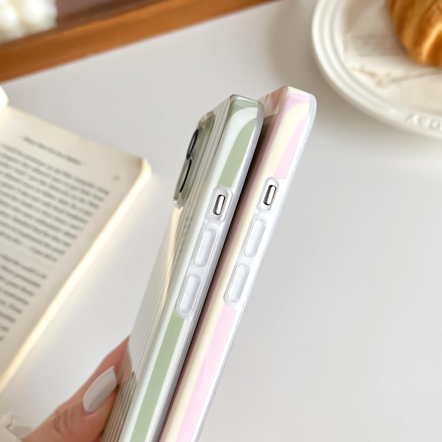Detalle de SmoBea iPhone 14 Case – Cute Striped Slim TPU, Pink and Yellow
