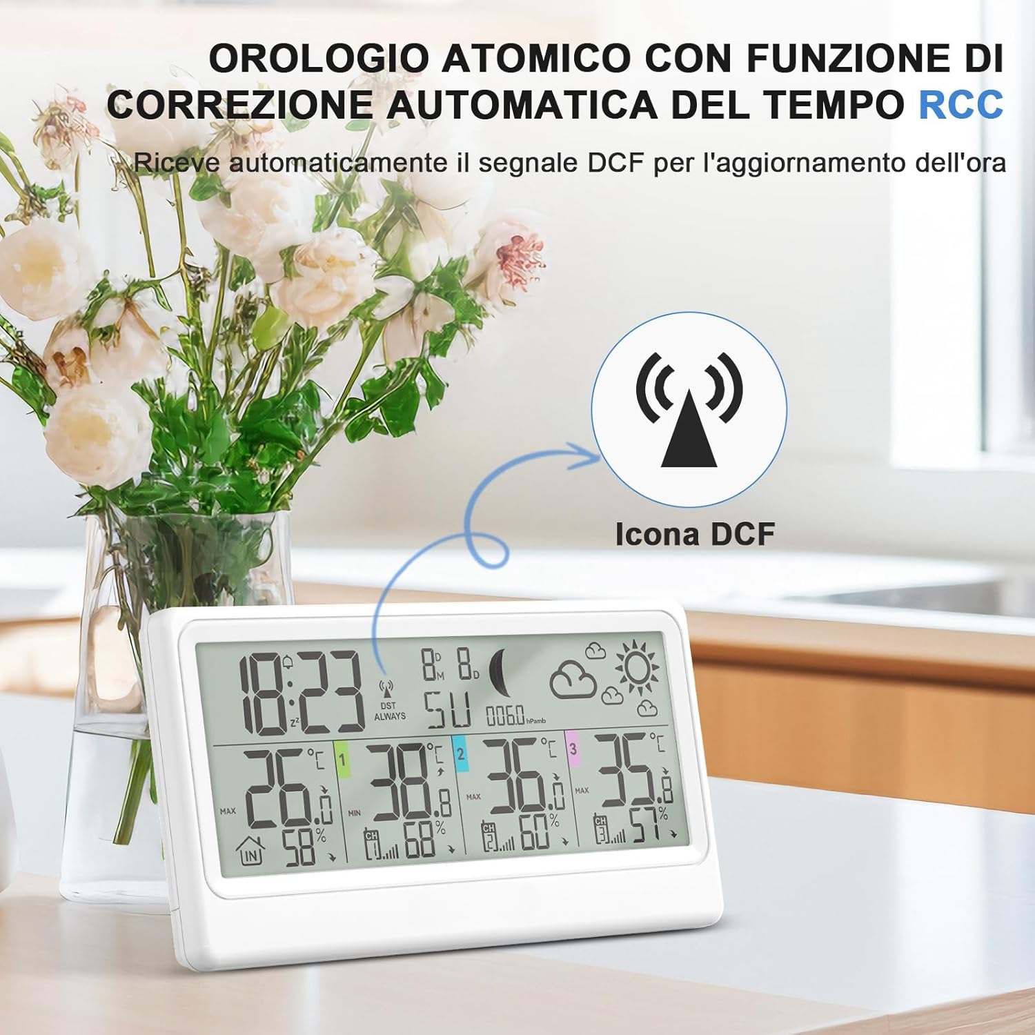 Detalle de Stazione Meteo con 3 Sensori Esterno e Display LCD 8,5" – monitoraggio interno/esterno, previsioni e fasi lunari