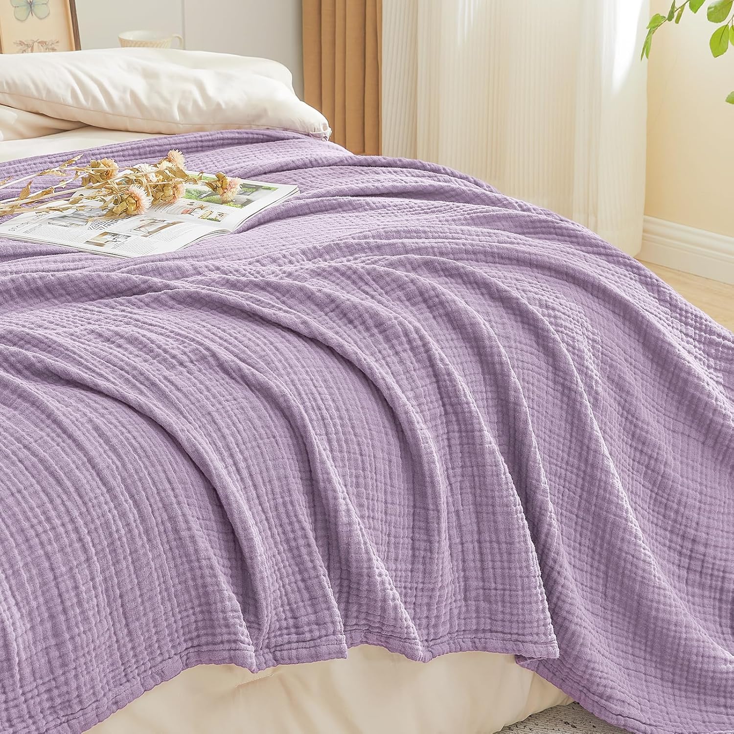 Thumbnail 5 de EMME Cotton Throw Blanket: 100% Muslin Cotton, Breathable and Lightweight (Lavender, 127 x 177cm)