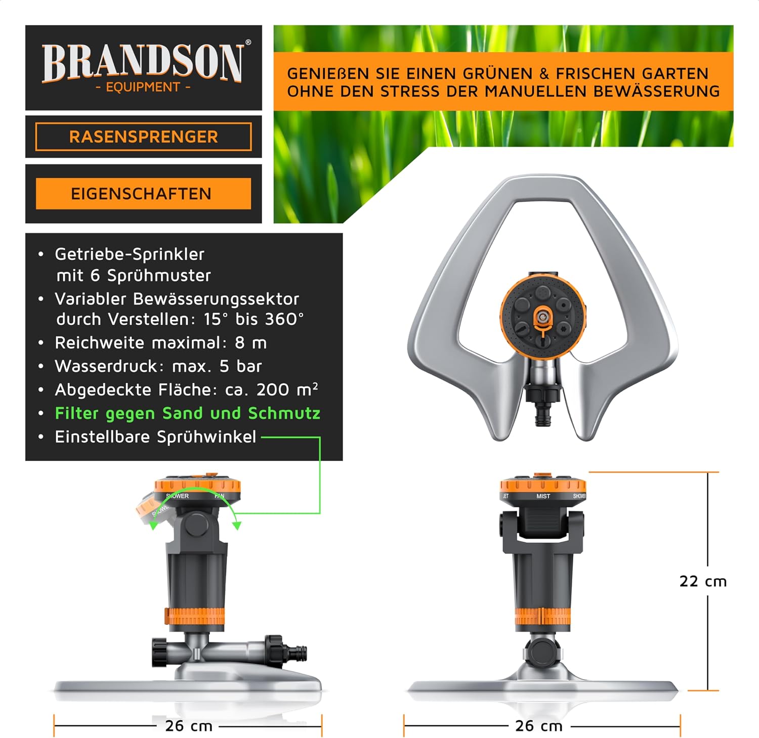 Detalle de Brandson Gartensprinkler mit Standfuß aus Metall – 6 Sprühmuster, 200 m² Reichweite