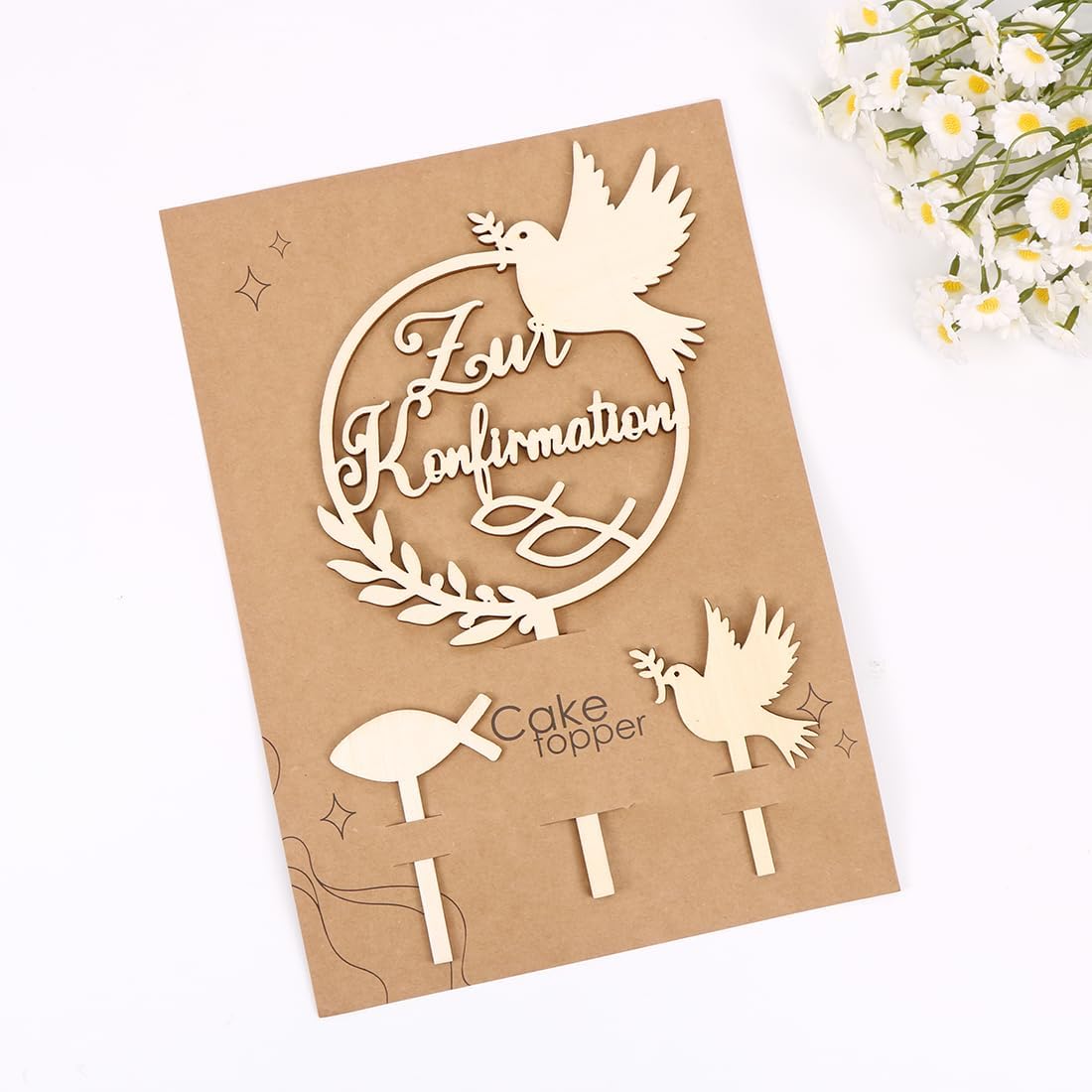 Detalle de Tortendeko Konfirmation Holz – Cake Topper aus Naturholz mit Tauben, Fischen und Girlanden