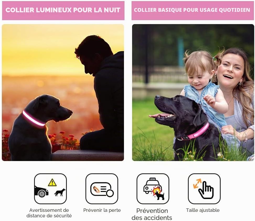 Detalle de MASBRILL Collier Lumineux pour Chien Rechargeable – LED Waterproof, 3 Modes, Taille M