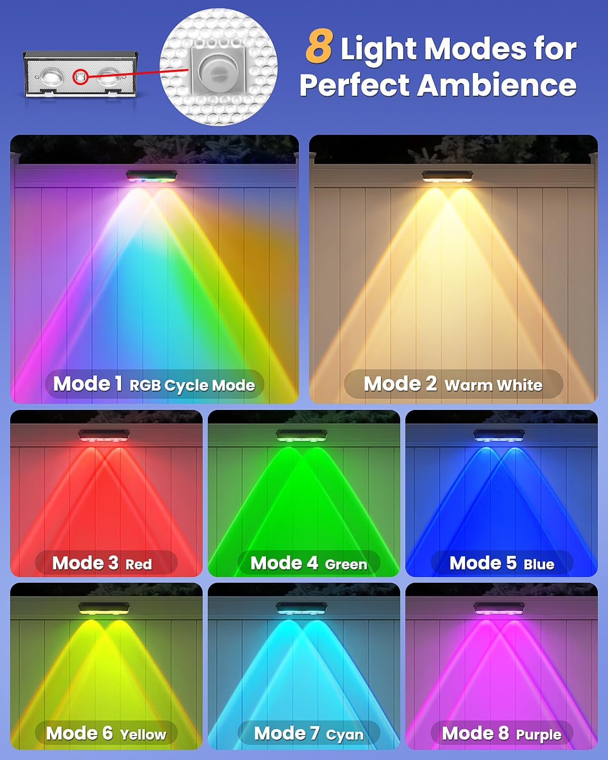 Thumbnail 2 de CLAONER Solar Fence Lights Outdoor Garden (Warm White & RGB), IP65 Waterproof, 4 Pack