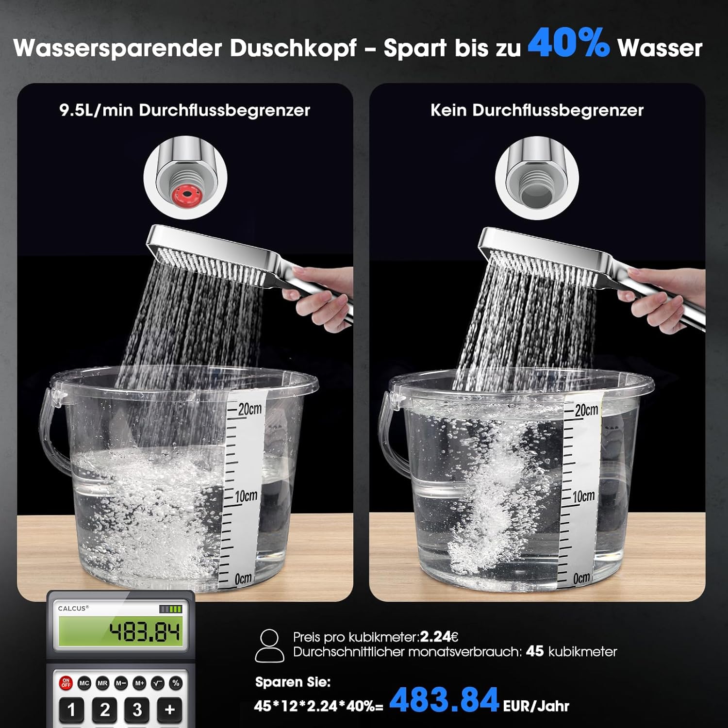 Thumbnail 4 de FASDUNT Duschkopf mit Schlauch 2 m – Hochdruck-Regendusche mit 9,5 l/min Durchflussbegrenzer und 3 Strahlarten