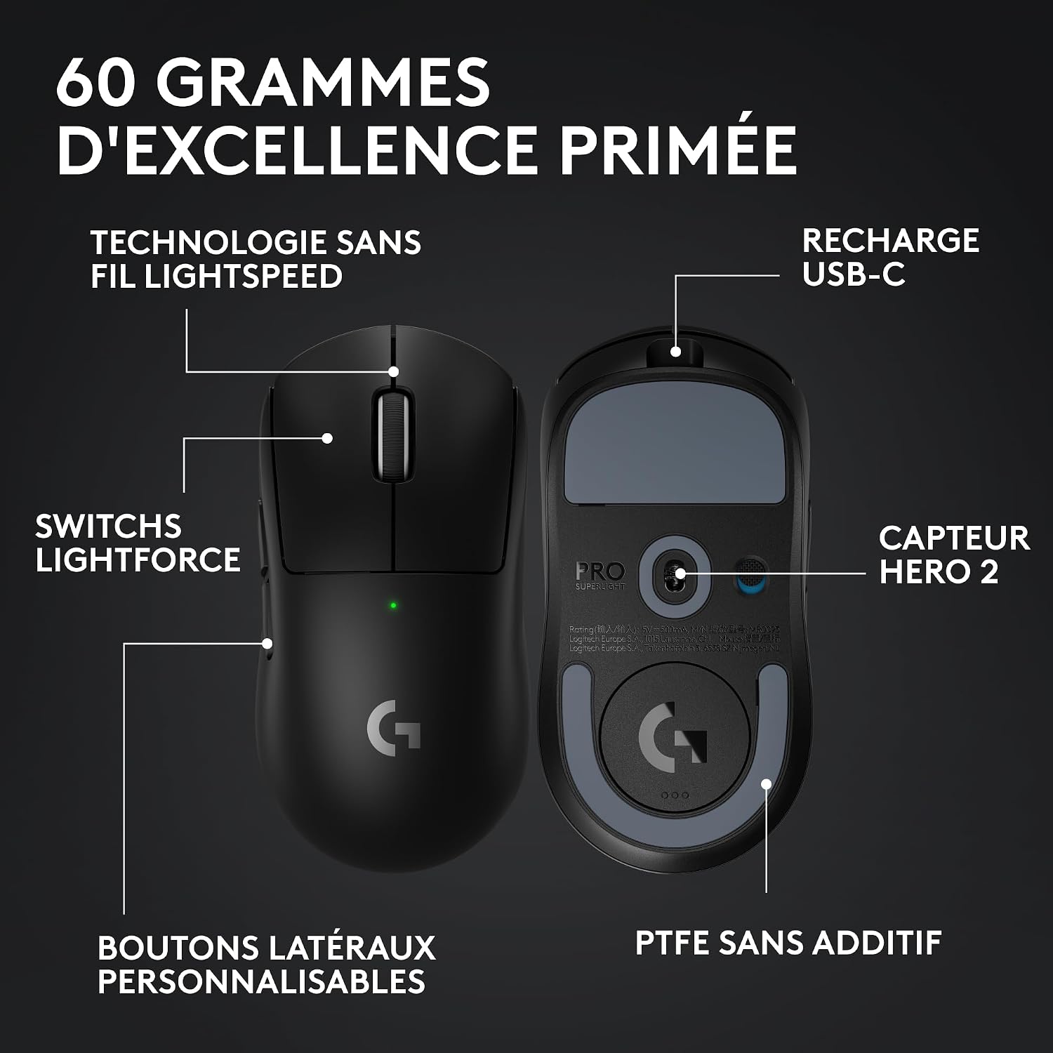 Detalle de Logitech G PRO X SUPERLIGHT 2 – Souris gaming sans fil, 60 g, capteur HERO 2 44 000 DPI