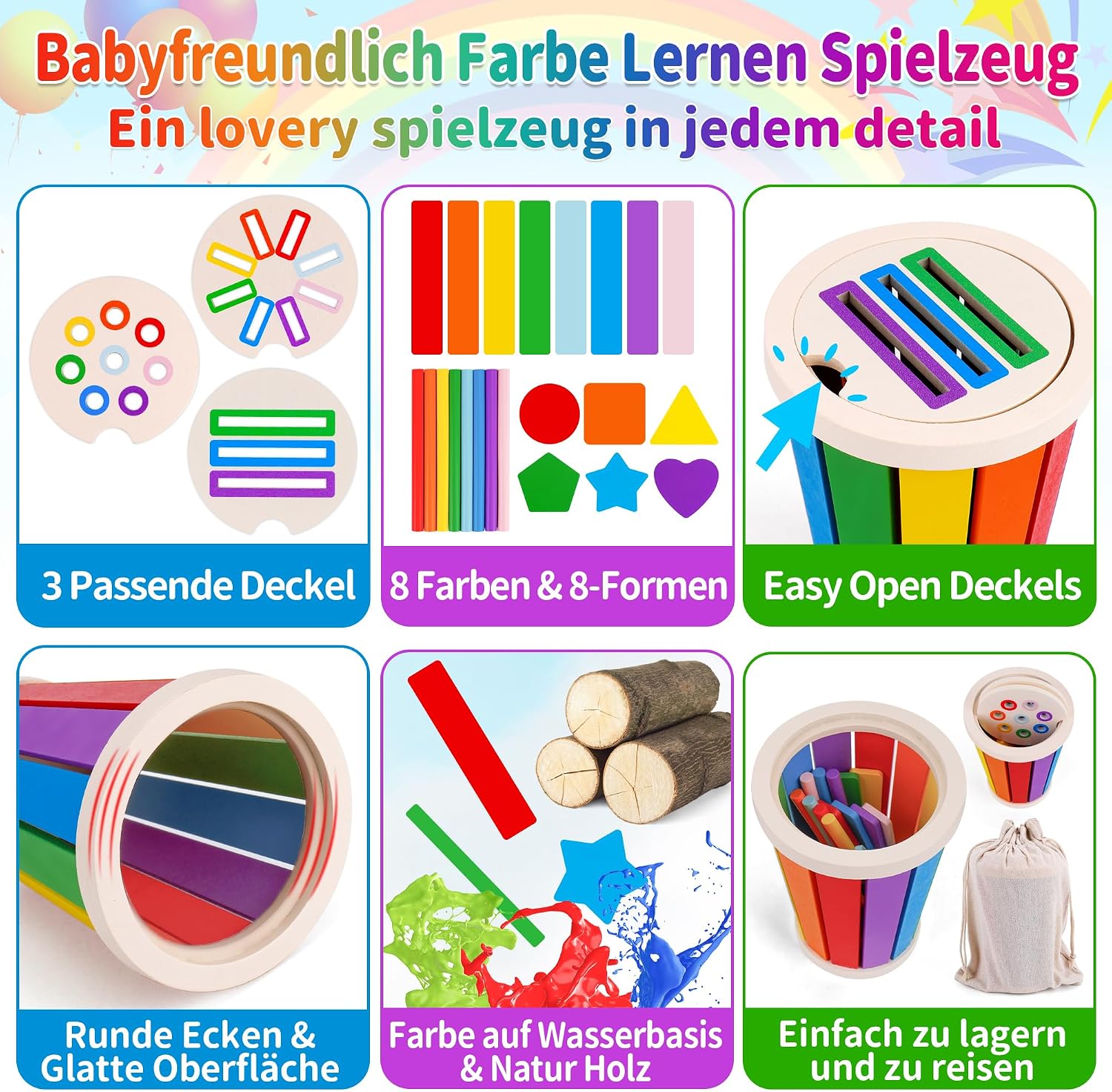 Detalle de FCSONU Montessori Steckspiel Regenbogenfarben & Formen (34-teilig) ab 1–3 Jahren