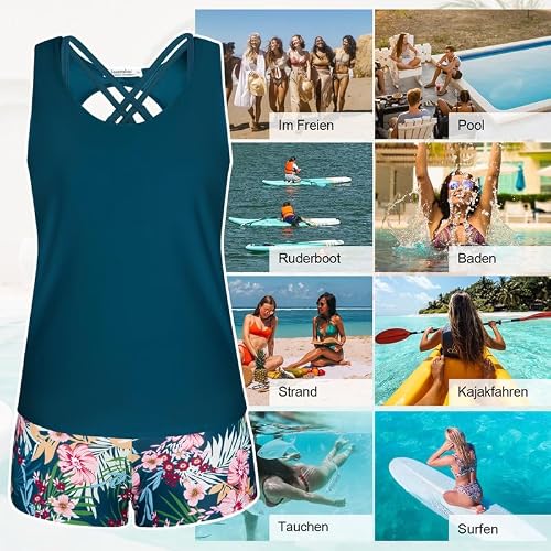 Detalle 1 de JASAMBAC Tankini Damen – Dreiteilige Bademode mit Push-Up Oberteil und Hoher Taille