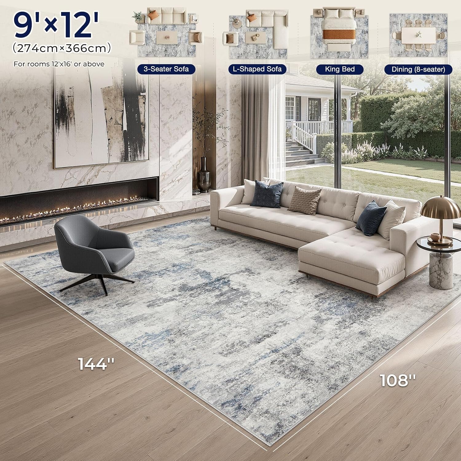 Detalle 2 de DMOYEST 9' x 12' Washable Abstract Area Rug, Grey Blue Low-Pile