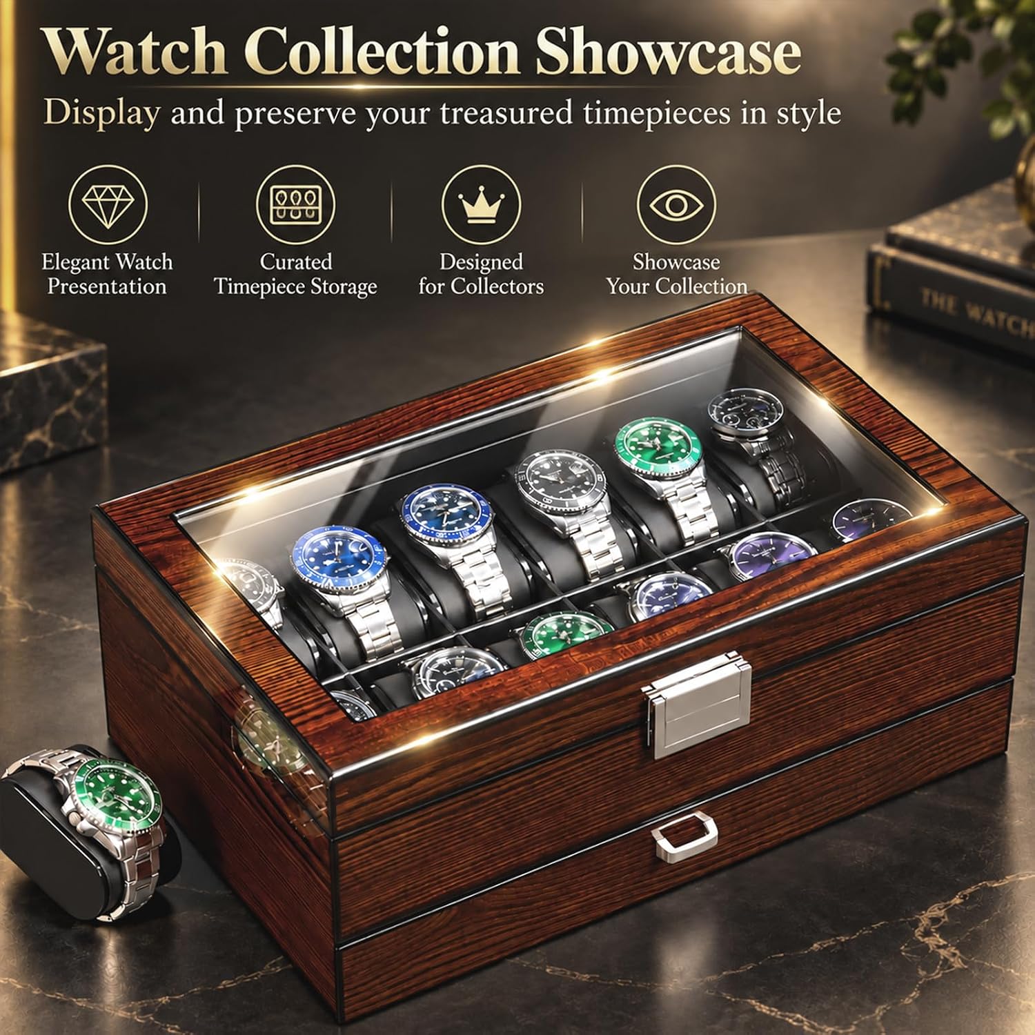 Detalle de BEWISHOME High-End Watch Box 12-Slot – Wooden Case with Large Glass Lid