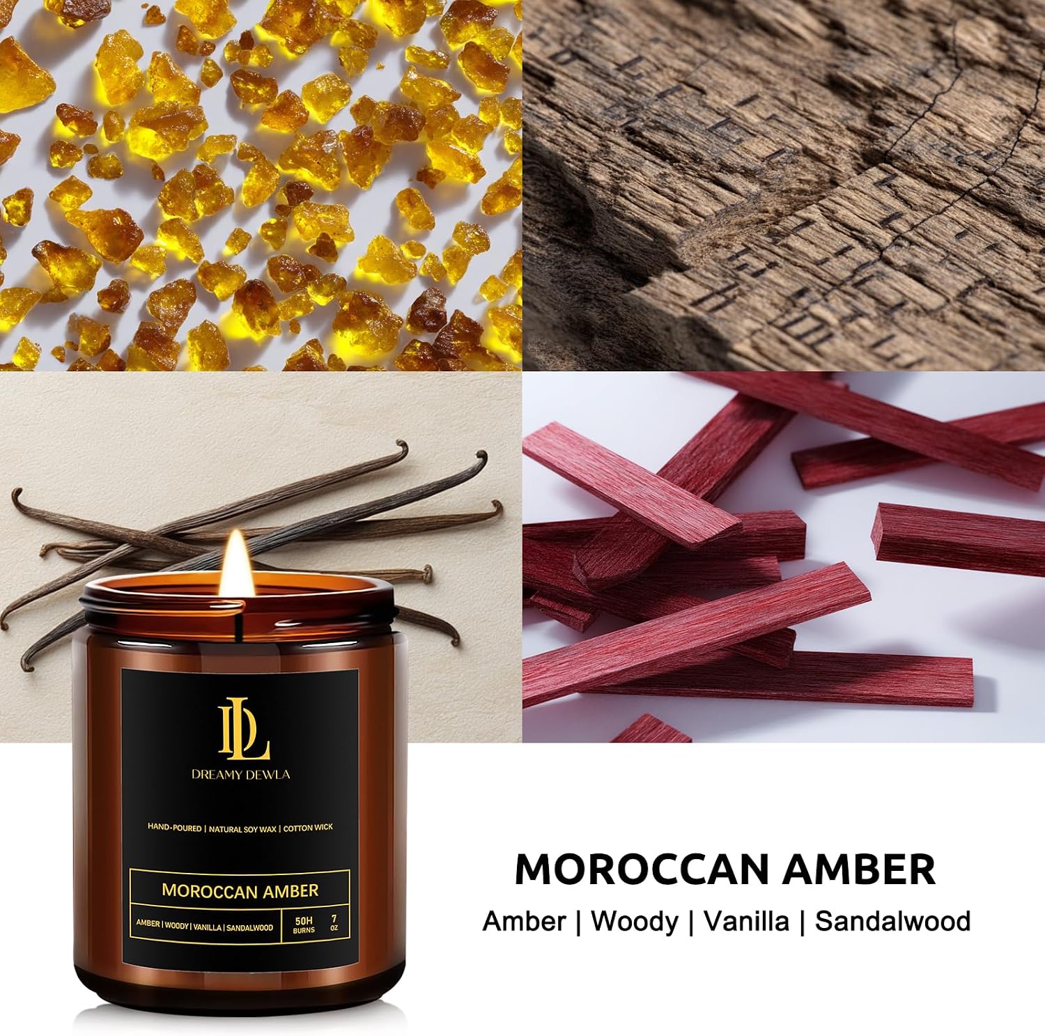 Detalle de DL DREAMY DEWLA Moroccan Amber Soy Wax Candle, 7 oz Glass Jar