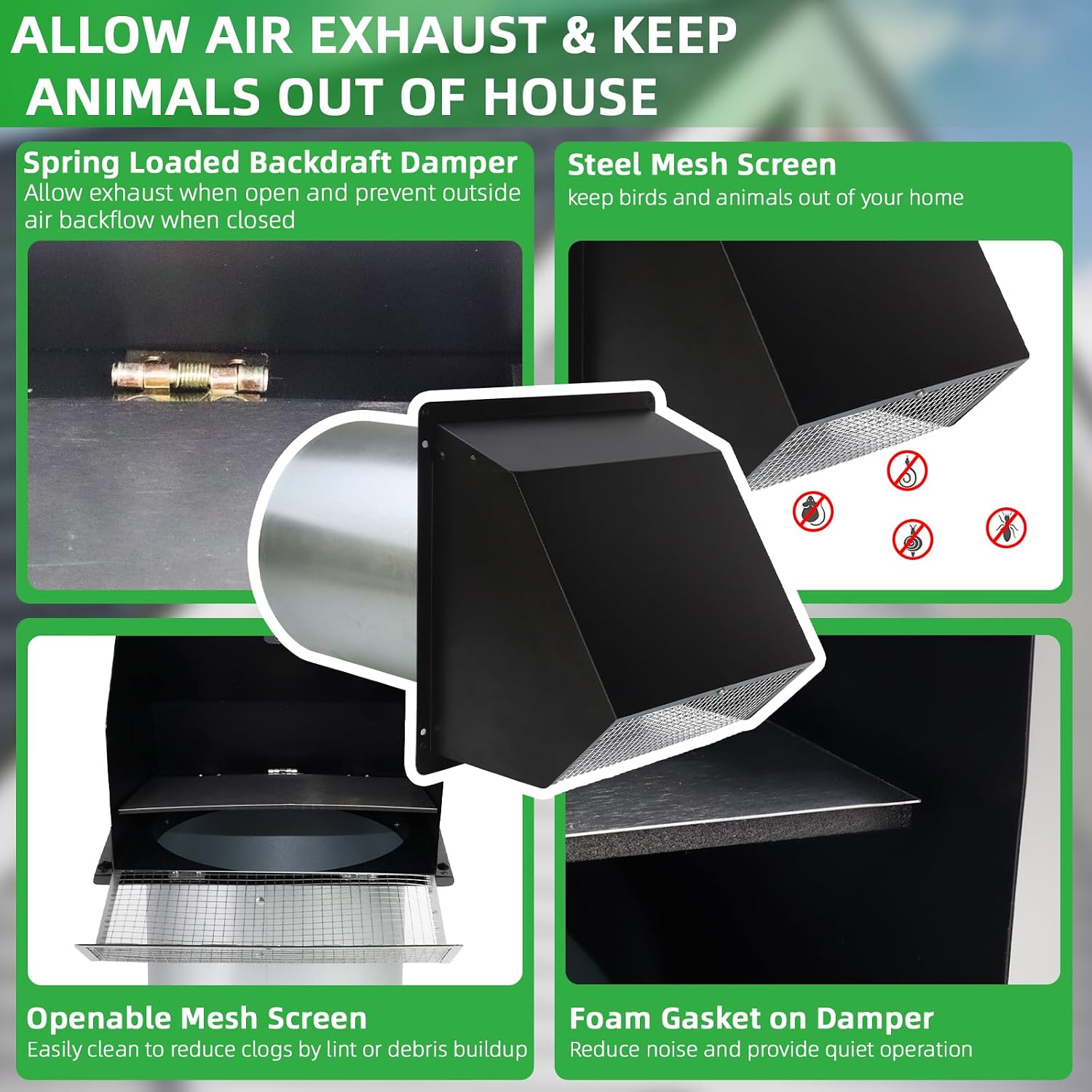 Detalle 2 de JYINCPED WVK013-4 Inch Black Hooded Wall Vent, Galvanized Steel Dryer Exhaust