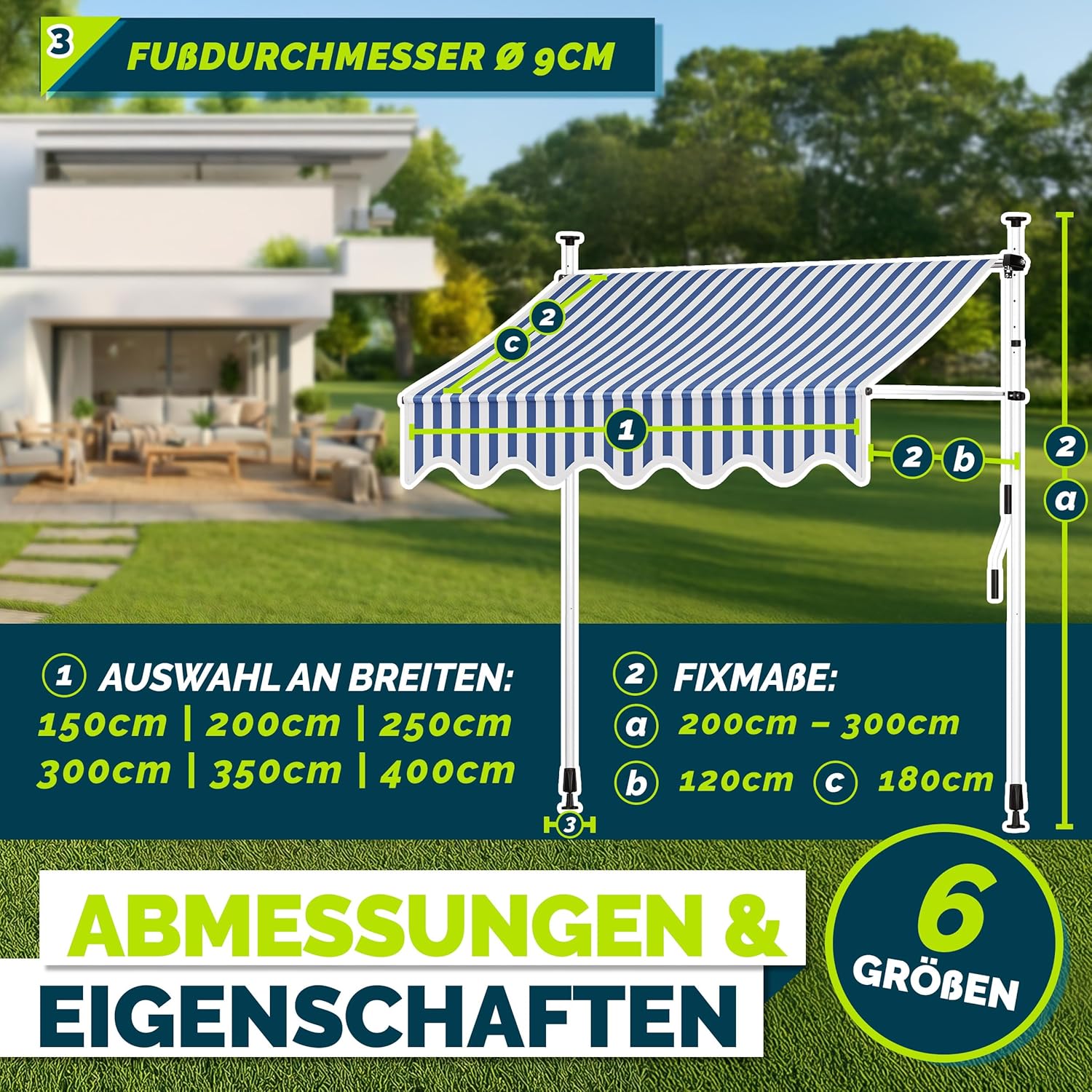 Thumbnail 5 de tillvex Klemmmarkise mit Handkurbel für Balkon, Terrasse & Garten (ohne Bohren) – Blau-Weiß, 250 cm