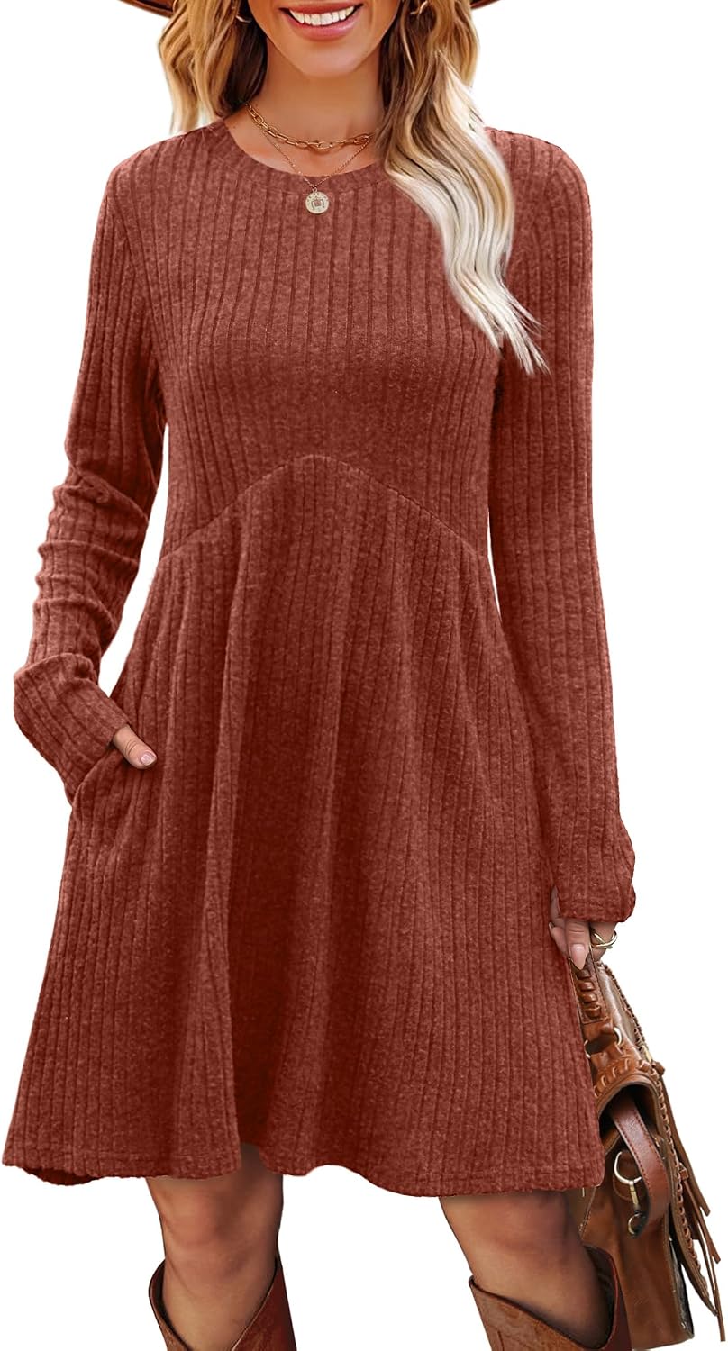 Detalle de OFEEFAN Long Sleeve Dress for Women with Pockets, Crew Neck Empire Waist
