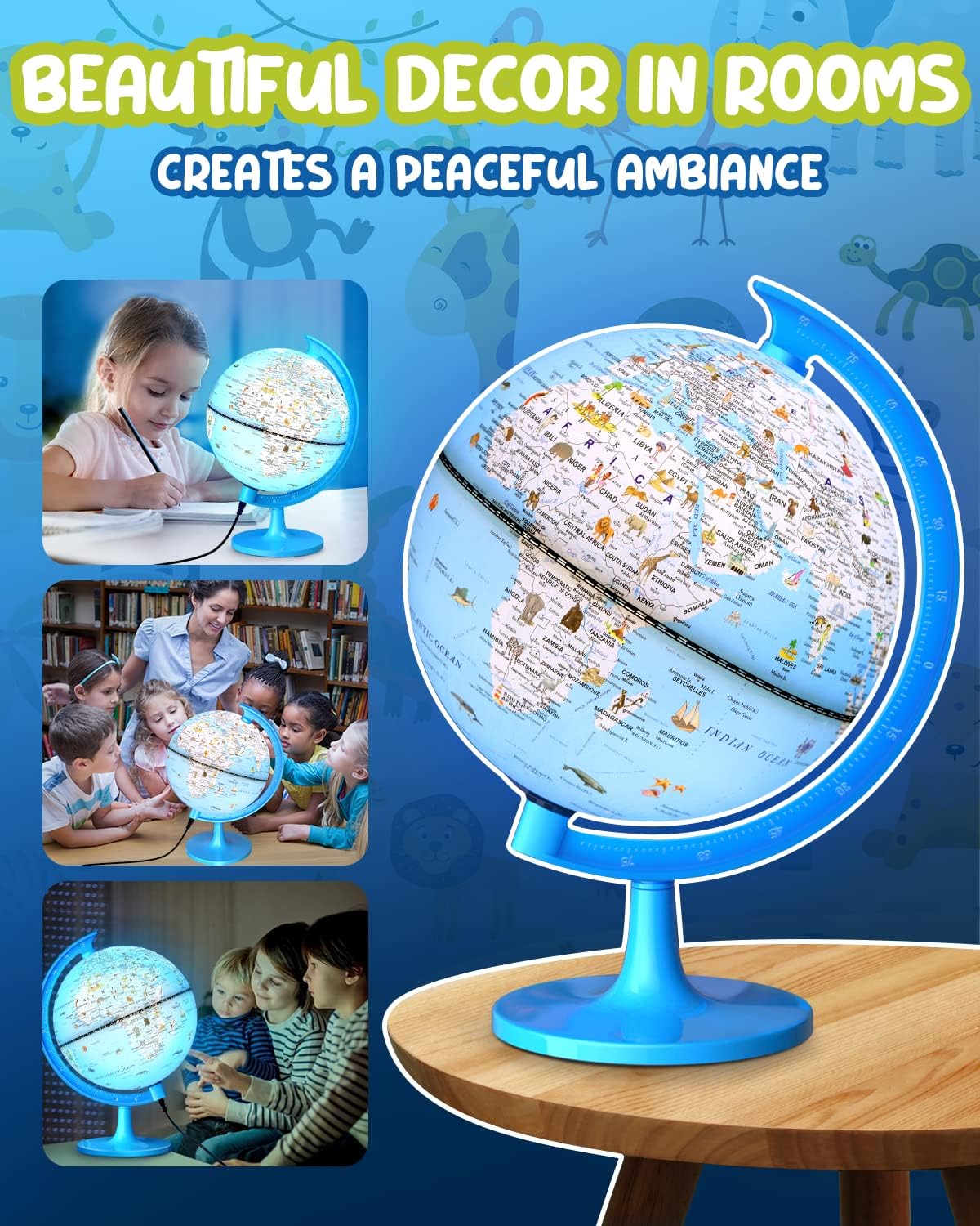 Thumbnail 4 de JOWHOL Illuminated Animal Globe for Kids – USB‑Powered 20 cm Educational Globe (Blue)