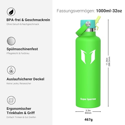 Detalle de Super Sparrow Edelstahl Trinkflasche Kinder – 1L, Ultraleicht, BPA-frei, Stroh-Deckel