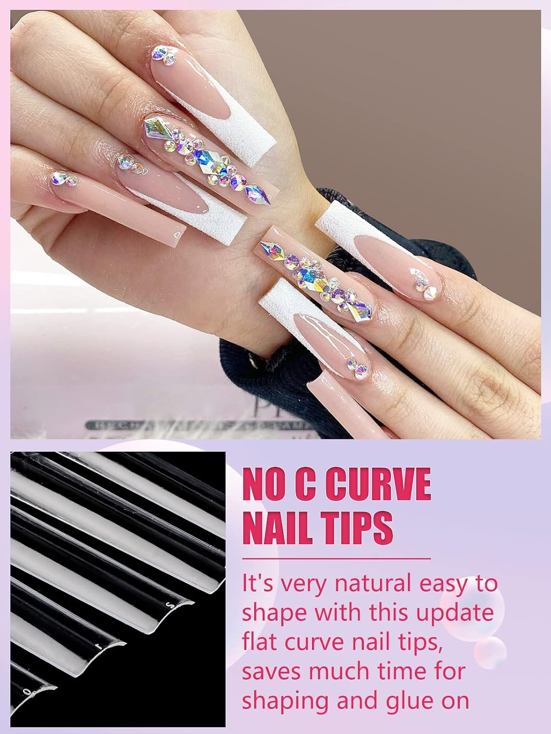 Detalle de LIONVISON 3XL Clear Square Nail Tips, 504 Pieces, Flat No-C-Curve, 12 Sizes