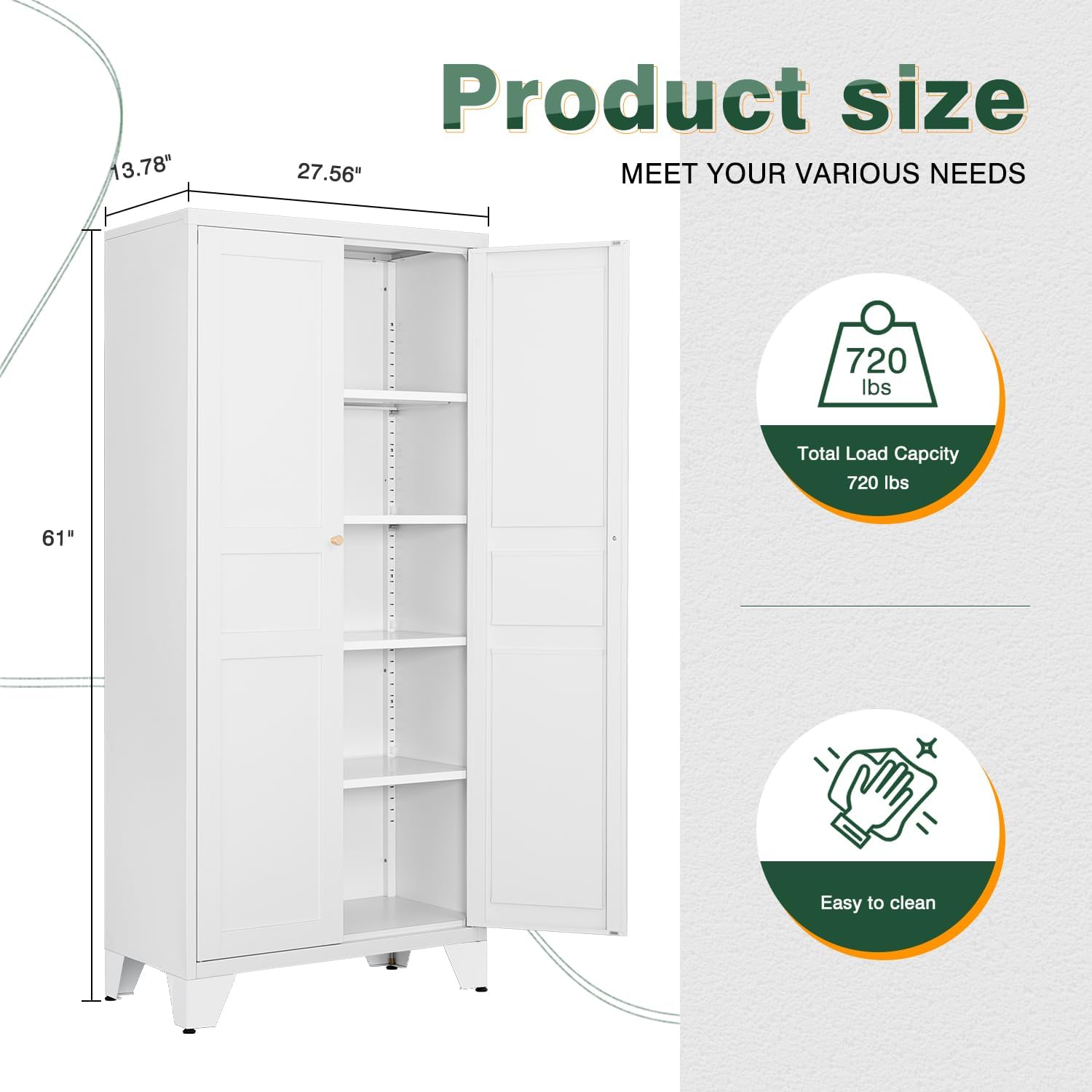 Thumbnail 2 de Letaya YW001 Metal Pantry Cabinet, 4 Adjustable Shelves, White, 61-Inch