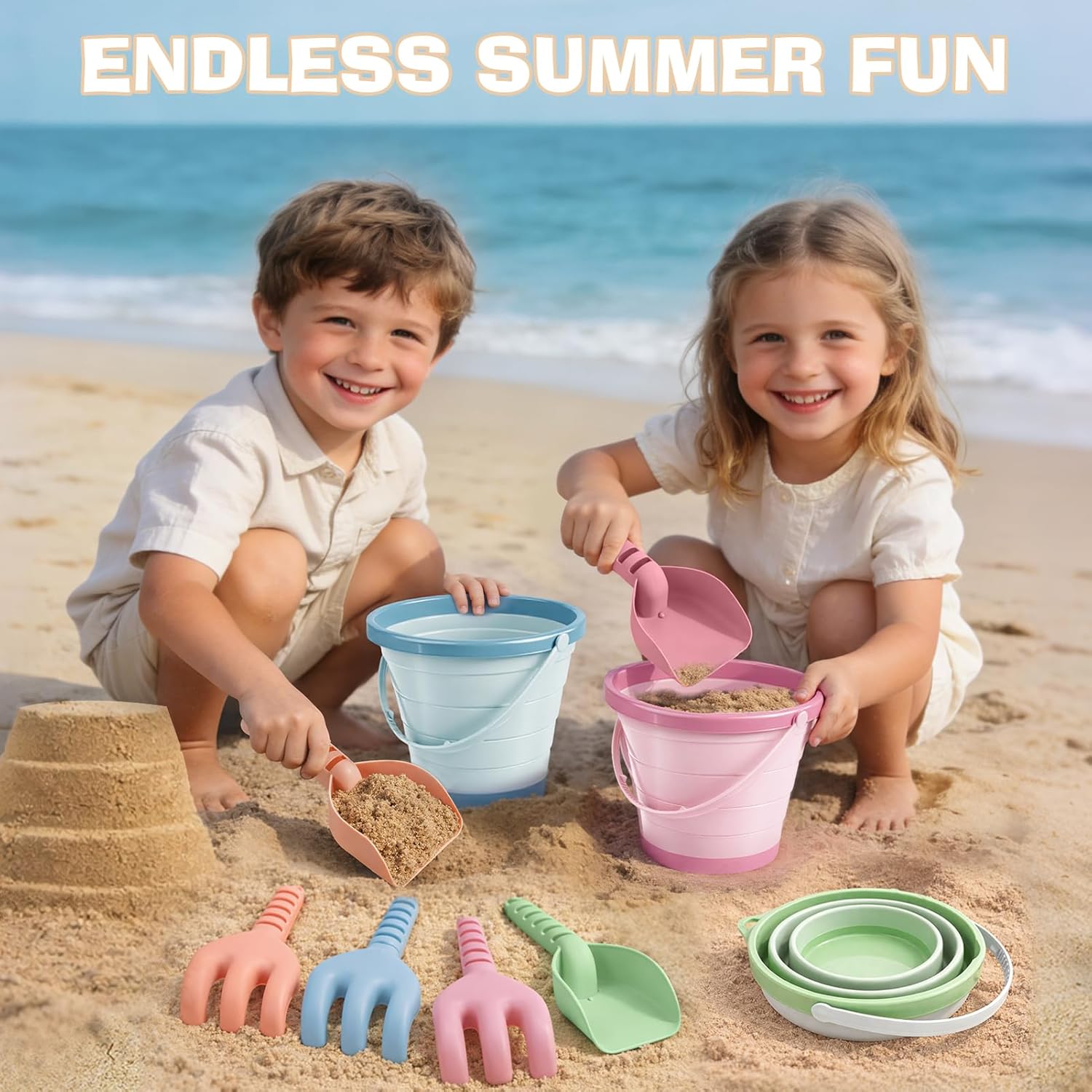 Thumbnail 3 de Dreamon Beach Toys – 13PCS Bucket and Spade Set for Kids with 4 Collapsible Buckets, 8 Spades and Mesh Bag