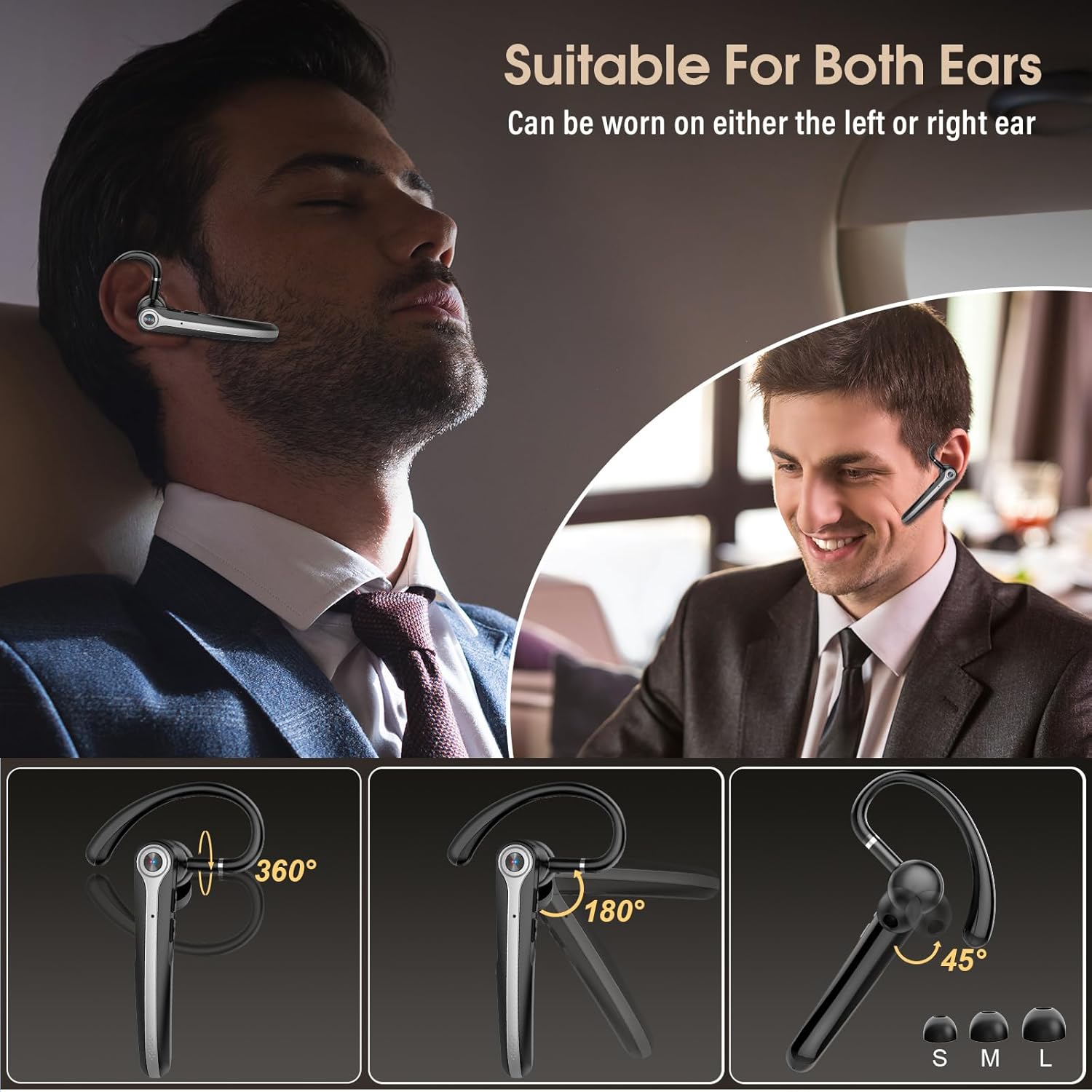 Thumbnail 4 de Bluetooth Headset (S72) Wireless Single-Ear Earpiece with ENC Mic, 120H Battery, IPX7, V5.4 – Bright Black
