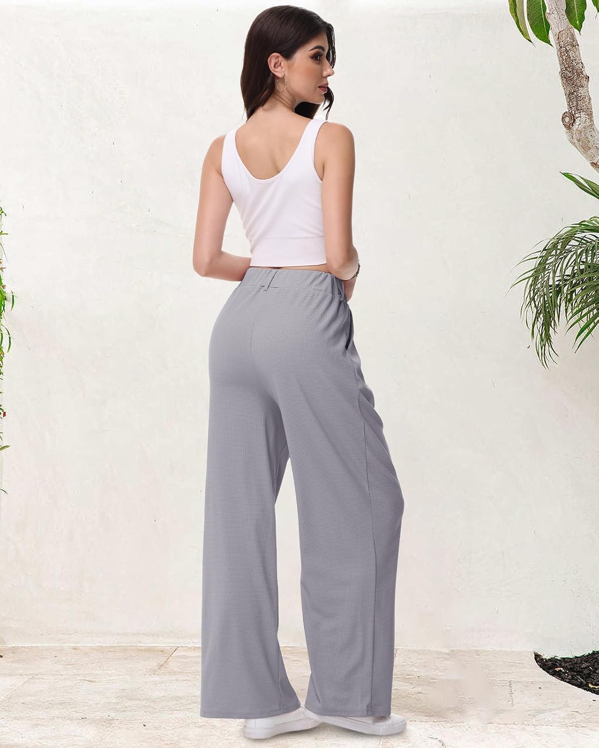 Detalle 2 de HMIYA Weite Stoffhose für Damen – bügel-frei, locker Palazzo, hohe Taille, mit Tasche