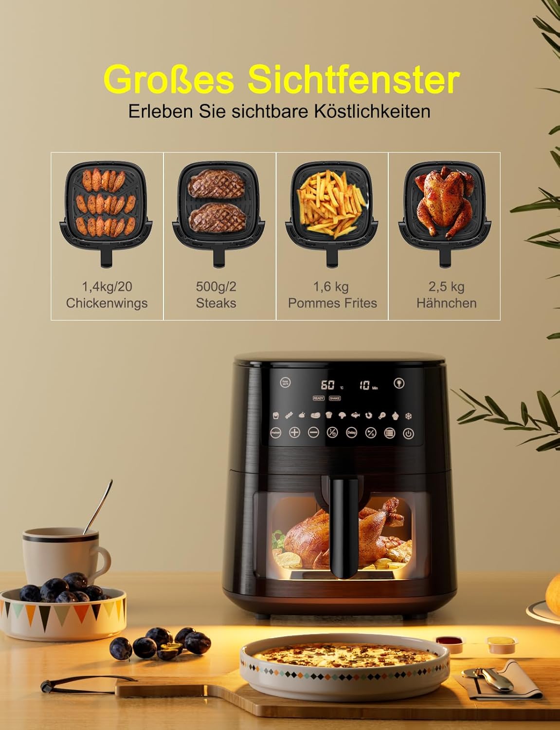 Detalle 2 de Heißluftfritteuse mit 2 Kammern (3L & 6L) – 9L Airfryer, Touchscreen, 6 Programme, 2850 W