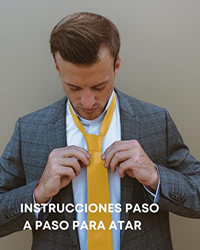 Detalle de Massi Morino Morino – Set 5 en 1: corbata amarilla con pañuelo y accesorios (gemelos, sujetacorbatas) en caja regalo