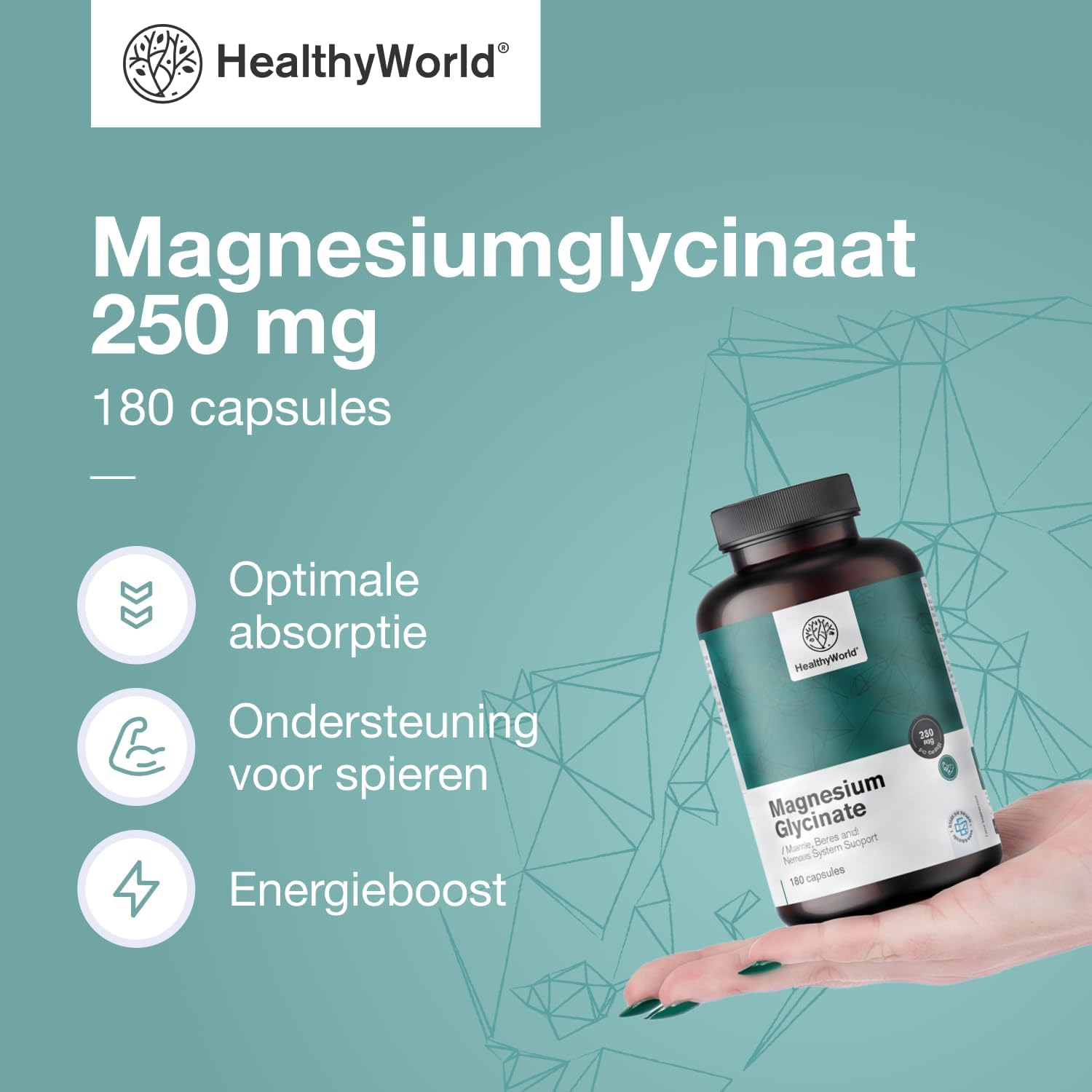 Detalle de HealthyWorld Magnesiumglycinaat, 180 plantaardige capsules met 125 mg magnesium