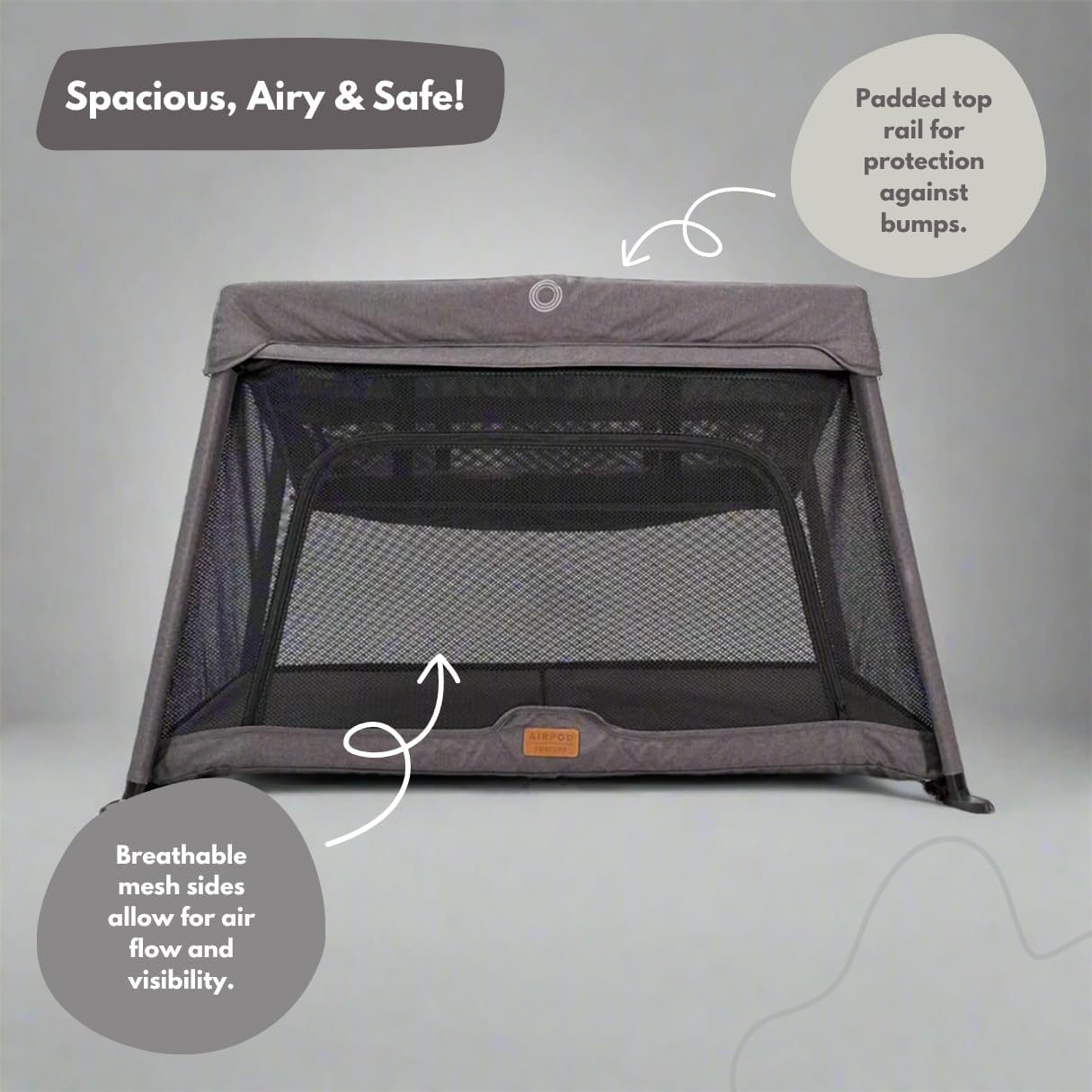 Thumbnail 2 de Venture Airpod Travel Cot – Lightweight Foldable Baby Cot with Newborn Insert, Mattress, and Playpen Function (Dark Grey)