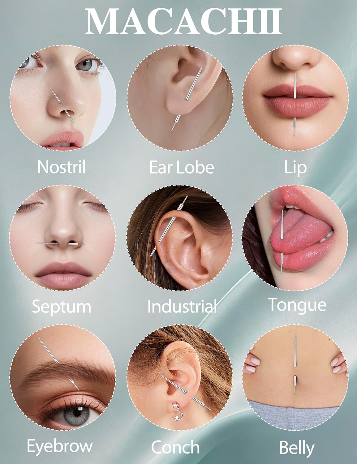 Detalle de Kit de piercing MACACHII (14G, 16G, 18G) : pince, aiguilles coniques et outil ouvre-boule