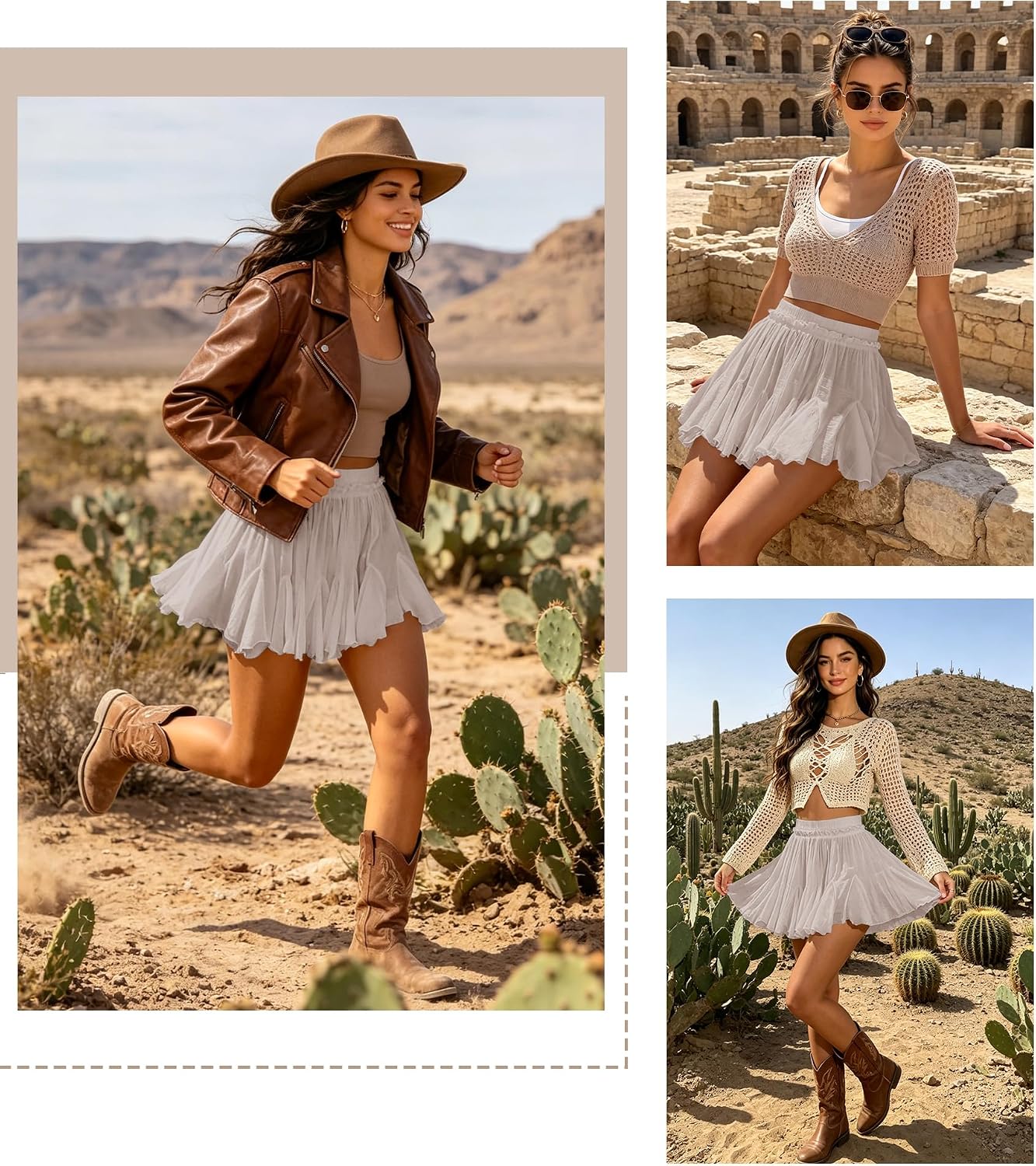 Detalle de Women's Flowy Linen Boho Skorts with Pockets: High-Waist Pleated Mini Skirt with Shorts