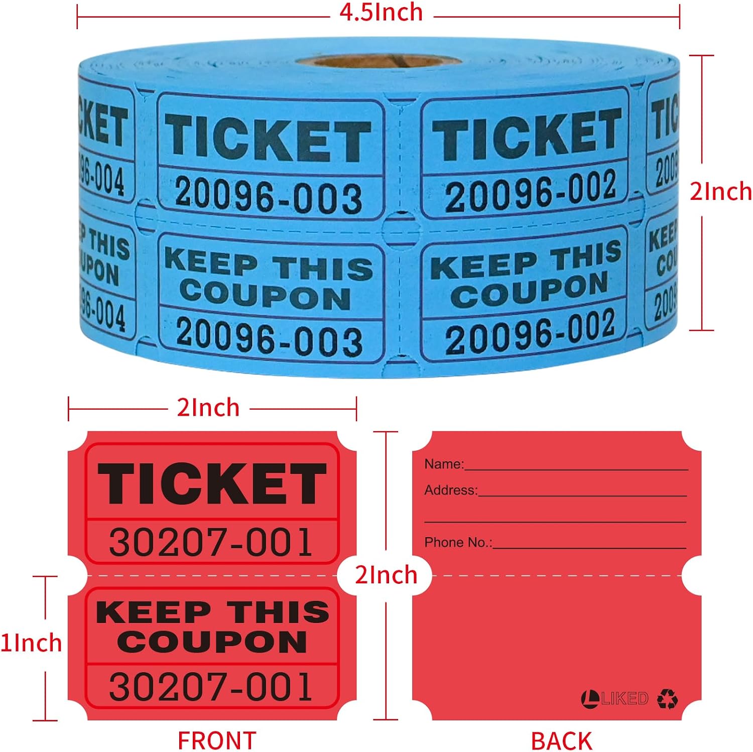 Thumbnail 2 de L LIKED 2000 Raffle Tickets Double Rolls 50/50 – Blue & Red