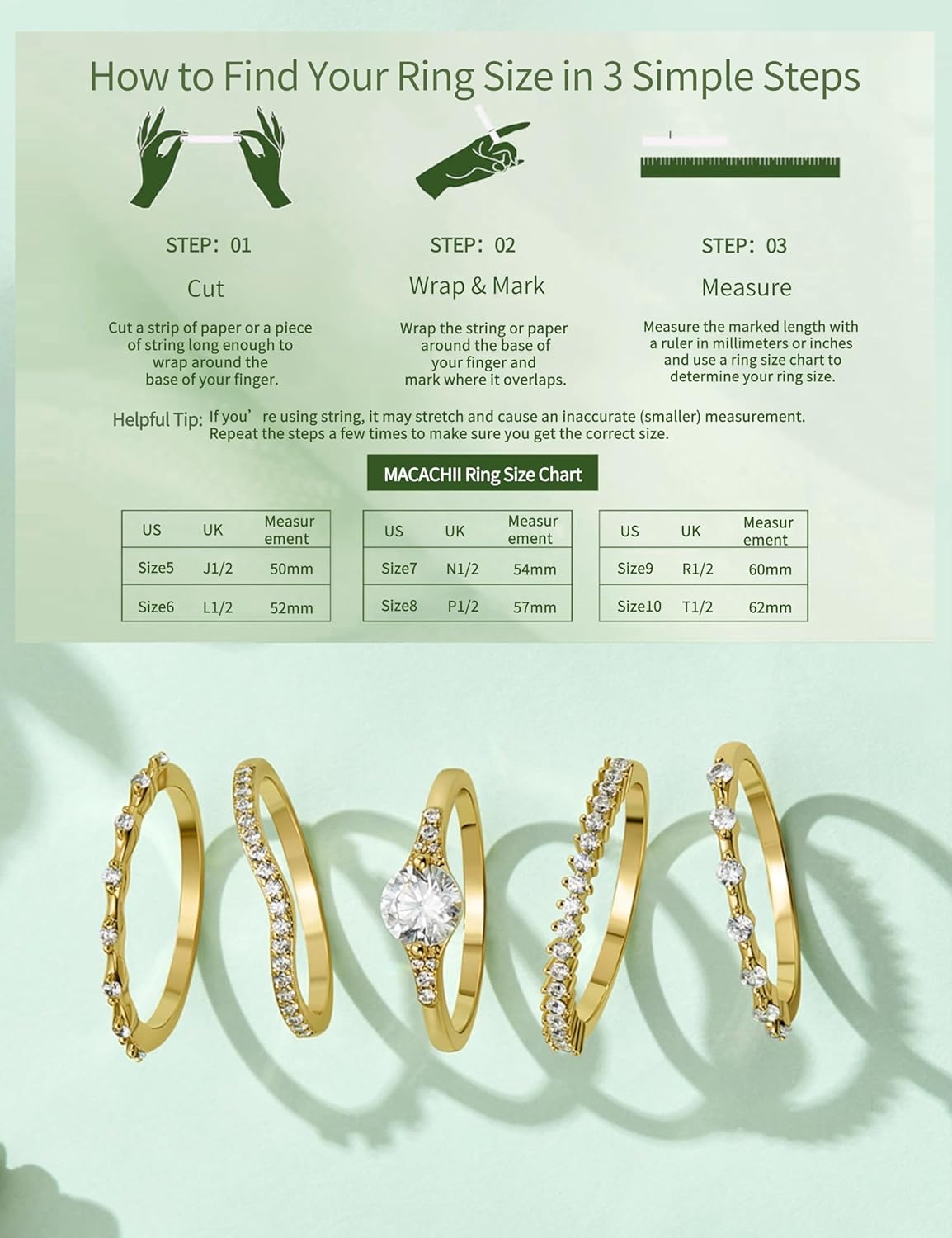 Thumbnail 5 de Macachii 5-Piece Silver Ring Set for Women, Stackable Diamante CZ Promise/Engagement Style