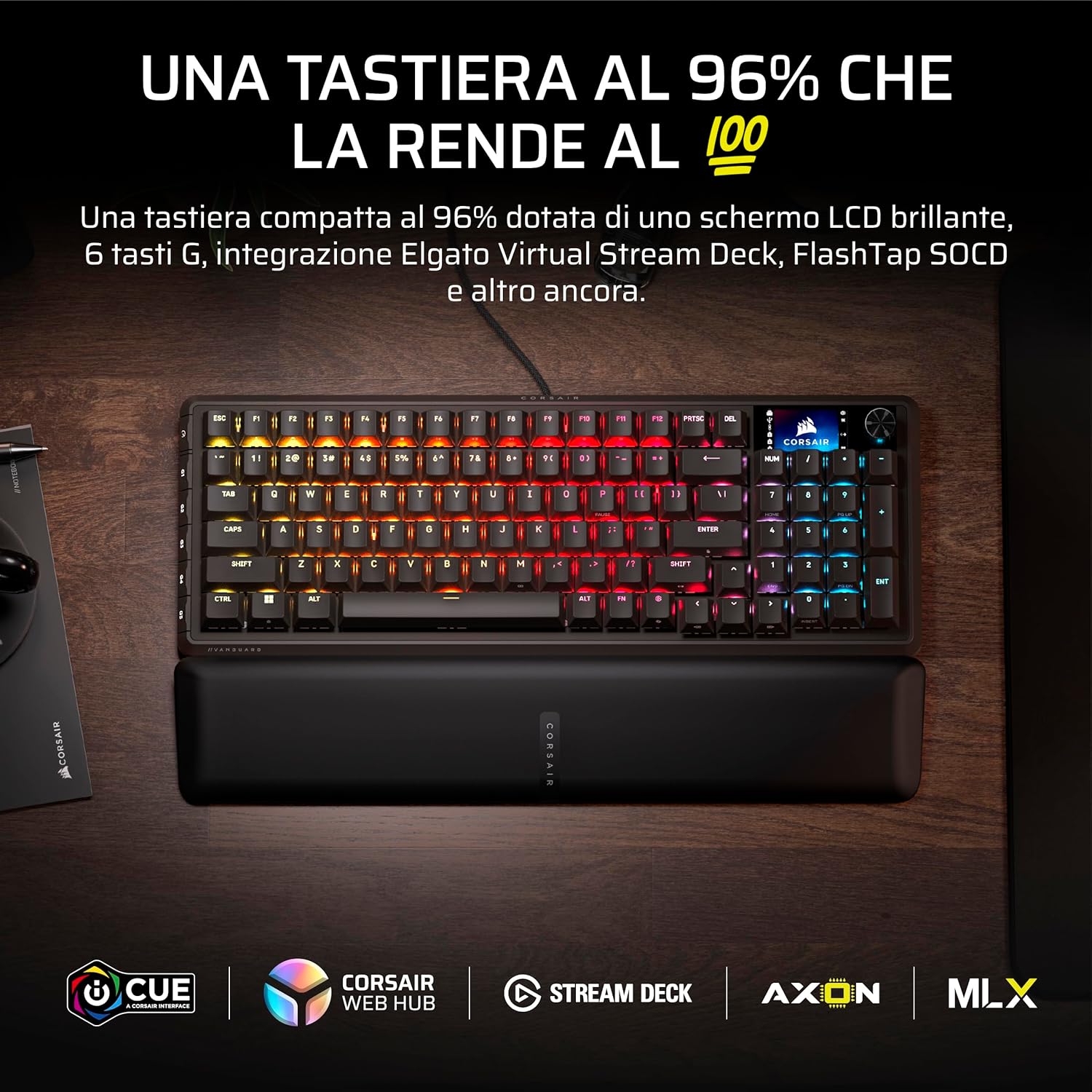 Thumbnail 1 de Corsair VANGUARD 96 Tastiera meccanica gaming cablata layout al 96% QWERTY IT (MLX Plasma, 8.000 Hz) con LCD e Virtual Stream Deck – Nero
