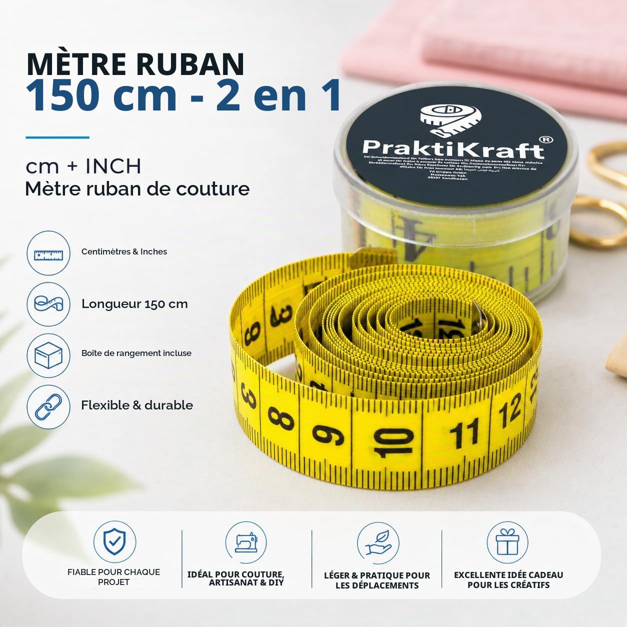 Detalle de PraktiKraft 2-in-1 meetlint 150 cm met cm- en inchschaal en opbergdoos