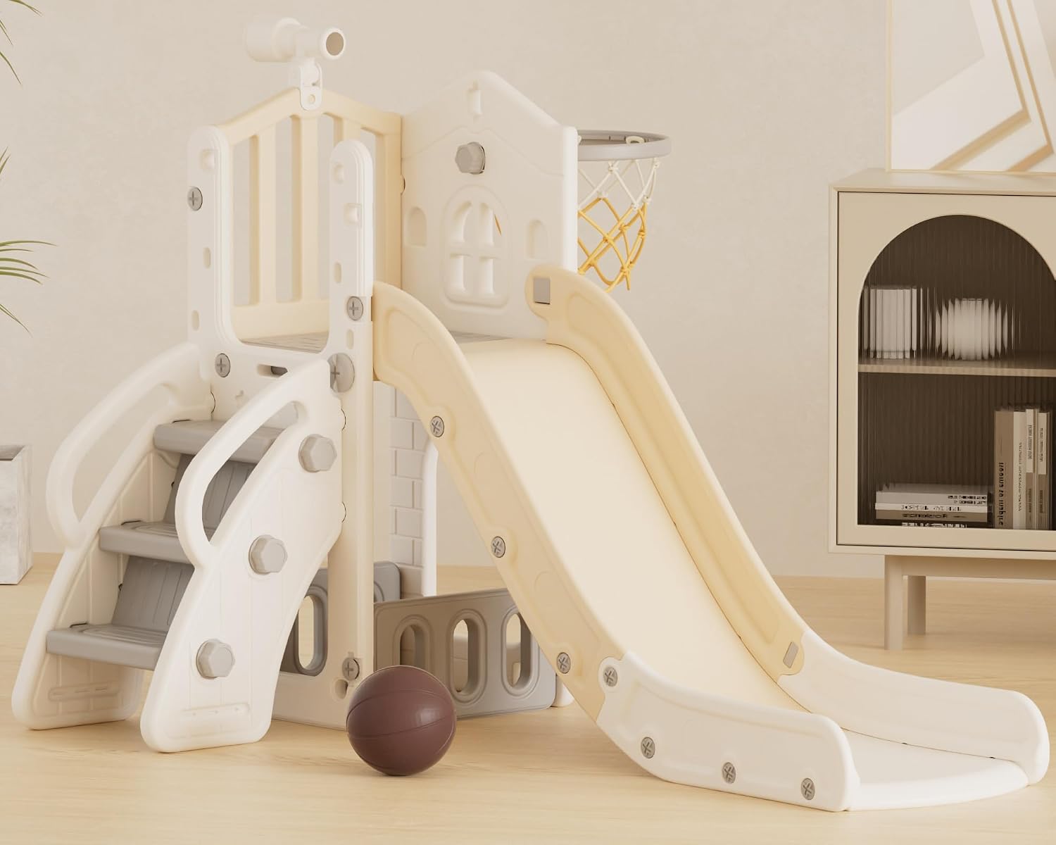 Detalle de XJD 5-in-1 Toddler Slide with Basketball Hoop, Storage, and Telescope