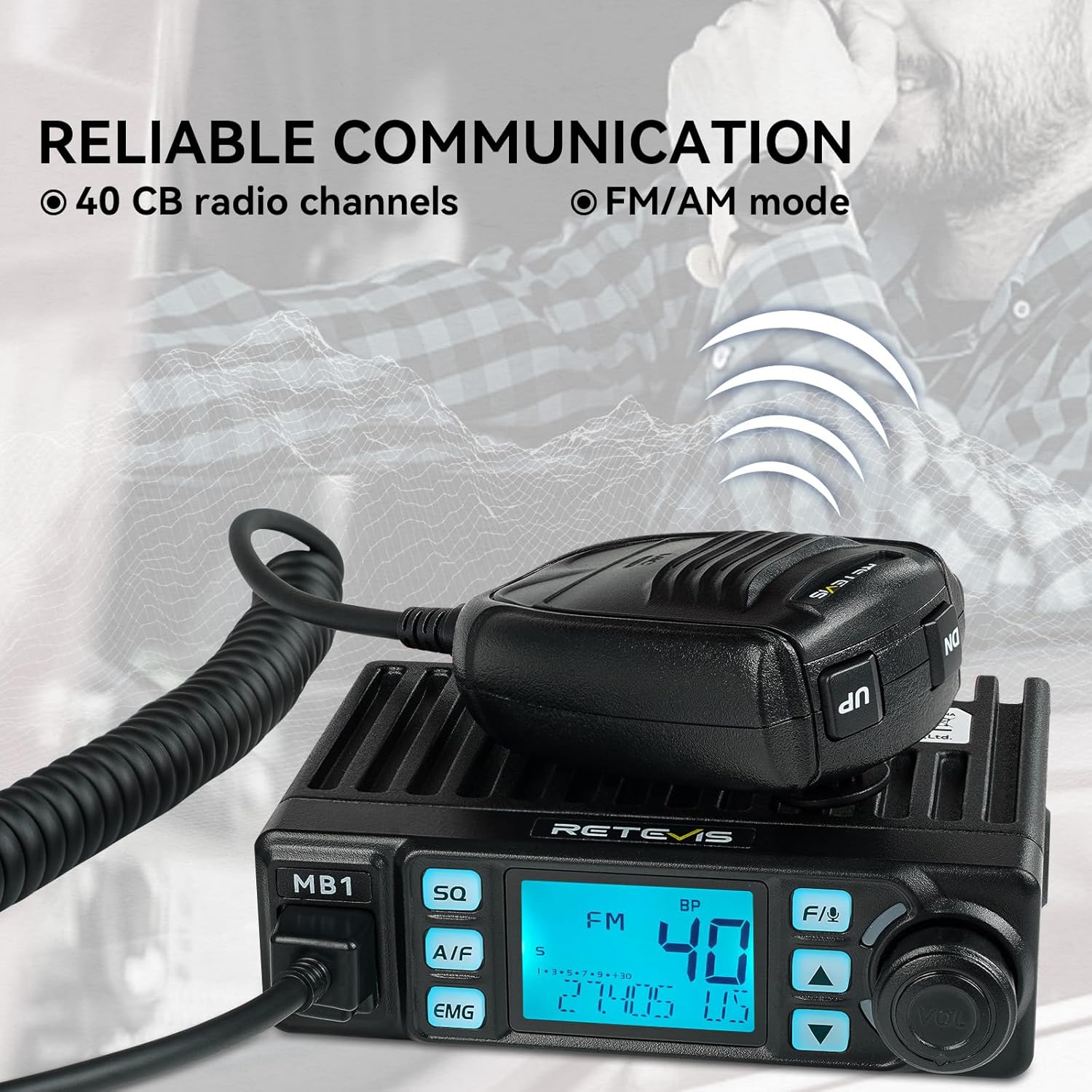 Detalle 2 de Retevis MB1 40-Channel CB Radio Kit with Noise Cancellation, 7-Color Screen, and Antenna