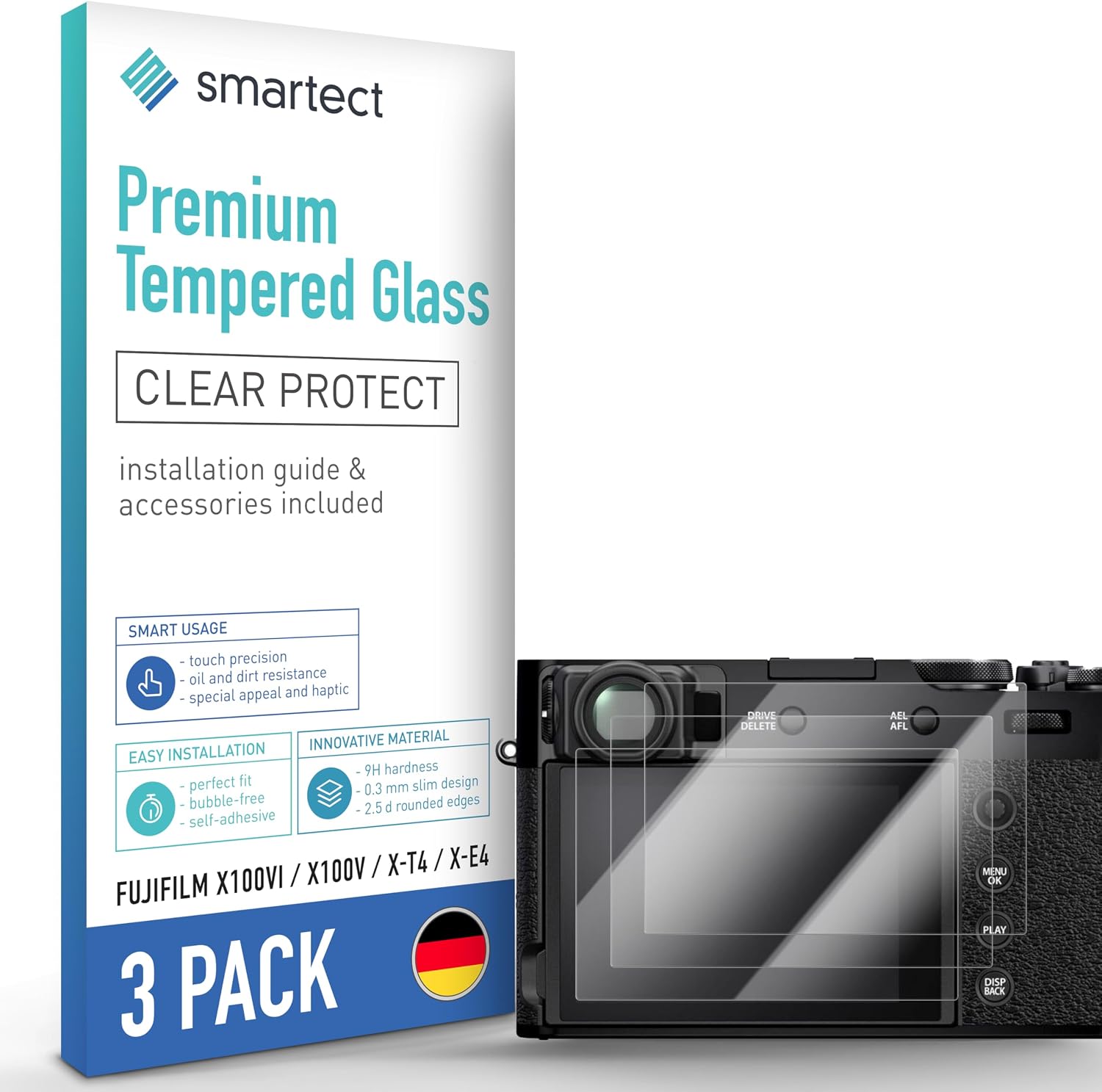 smartect Verre Trempé 3 pièces Clear pour écrans Fujifilm X100VI / X100V / X-T4 / X-E4