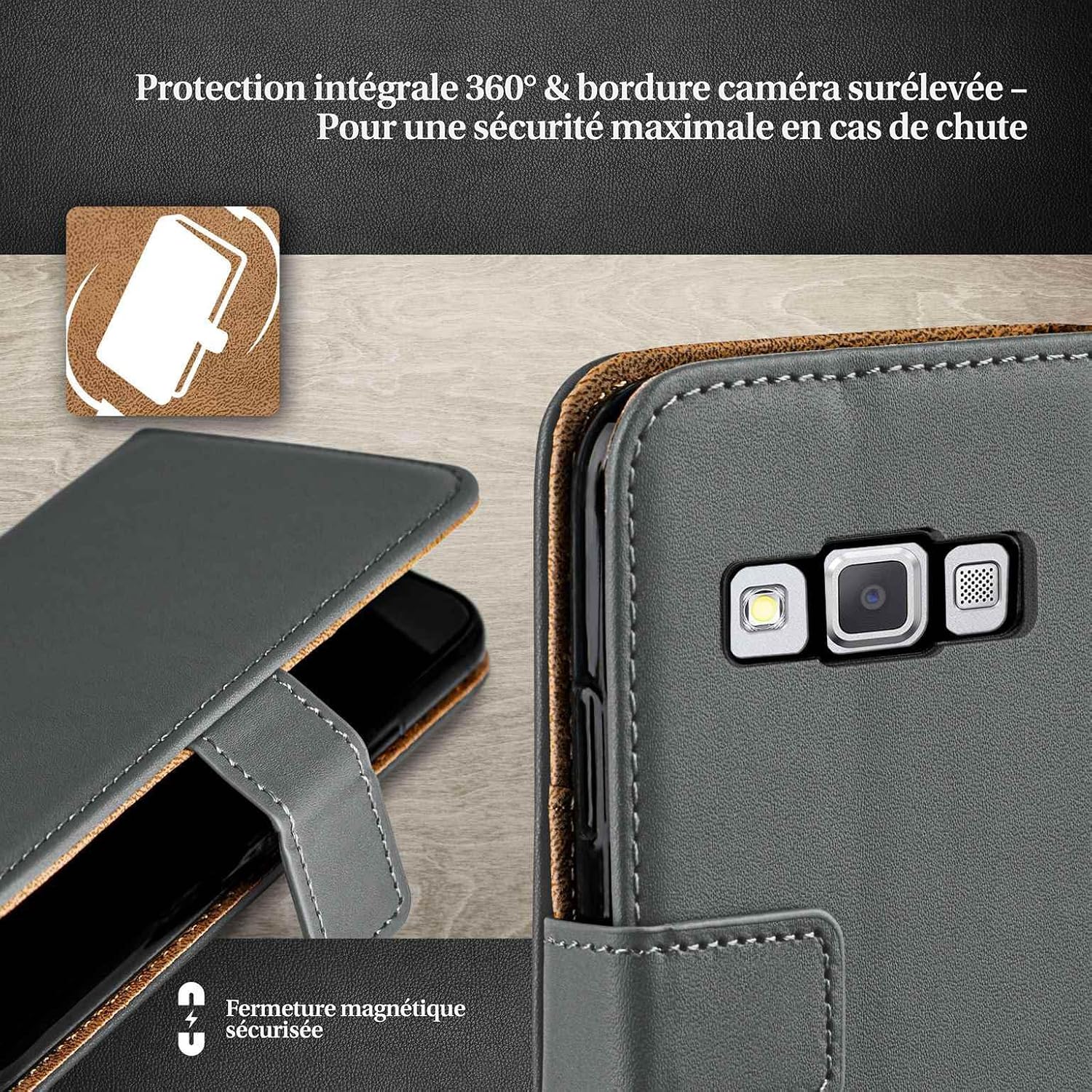Thumbnail 2 de moex Étui à Rabat pour Samsung Galaxy A5 (2015) – portefeuille et protection à 360°, Gris Anthracite