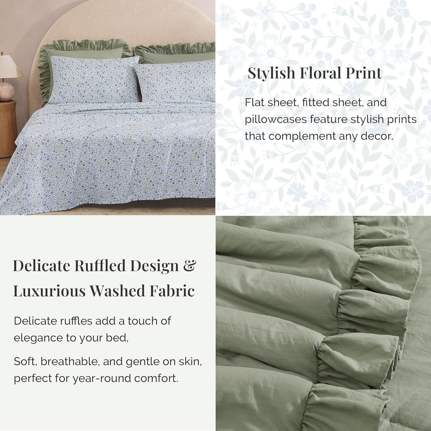 Thumbnail 3 de BLOOMHAVEN Queen Comforter Set - 7 Pieces, Ruffle Sage Green with Floral Sheets