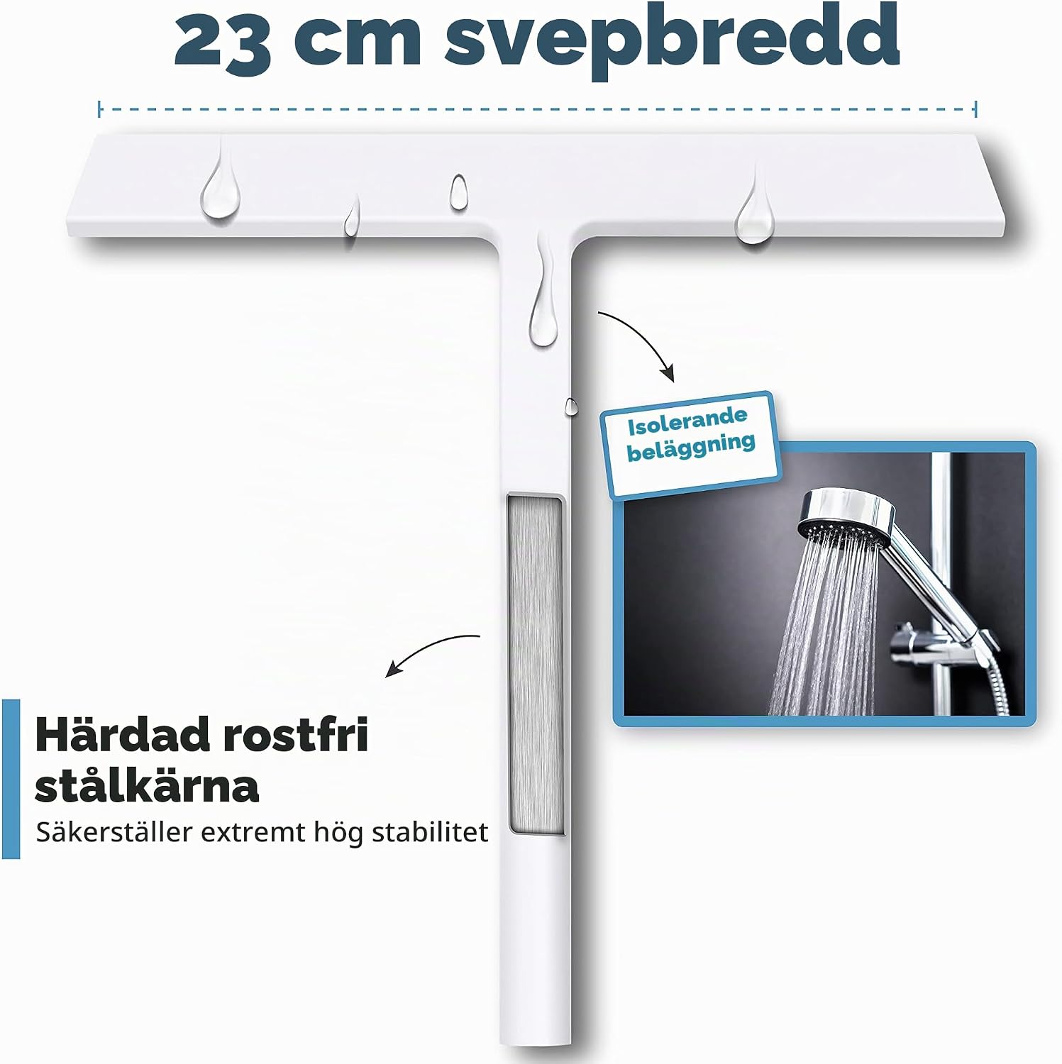 Detalle de virea duschskrapa 23 cm – vit silikon med kärna av rostfritt stål