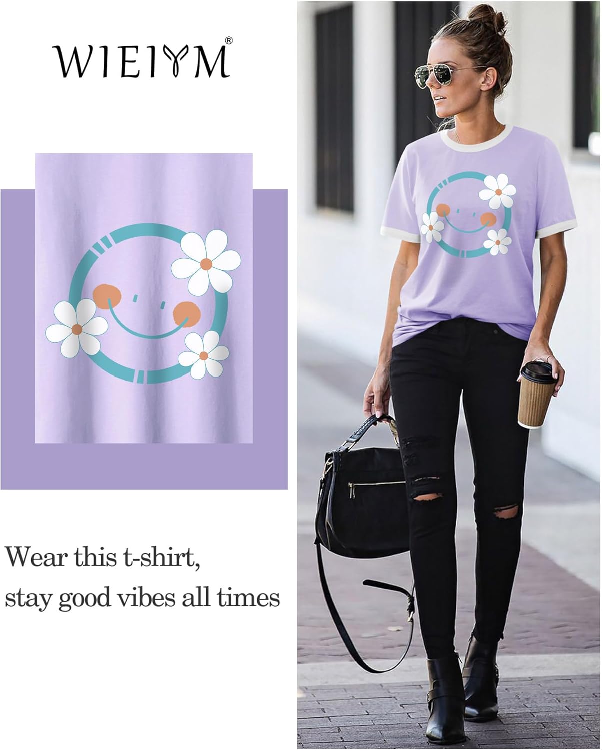 Detalle de WIEIYM Women Daisy Floral Short Sleeve Cotton T‑Shirt – Boho Summer Tee