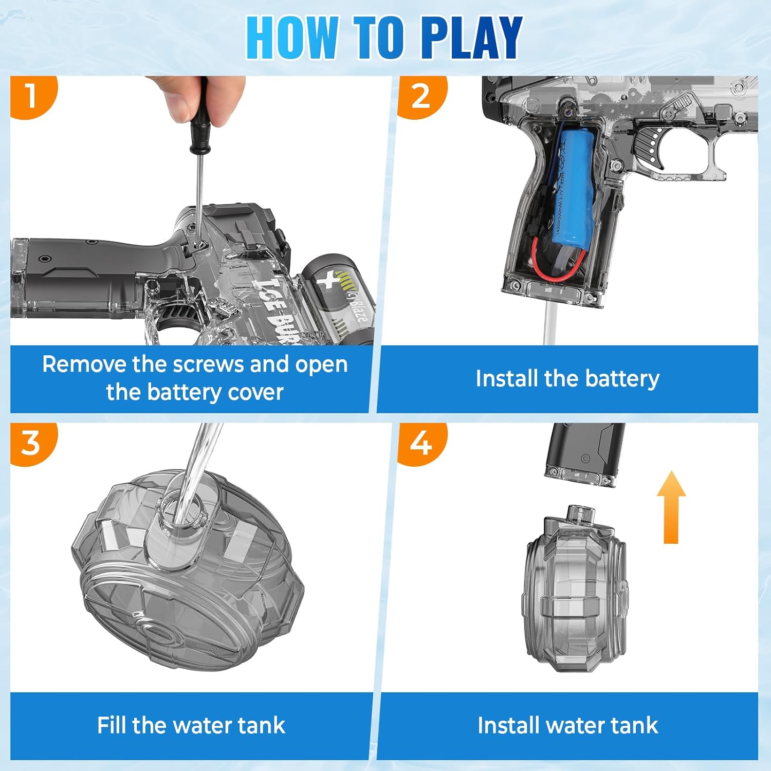 Thumbnail 3 de Pistolet à Eau Électrique pour Enfants et Adultes — Fusil à Eau Automatique Tactique avec LED et Son, 360 ml, Portée 8 m (Noir)