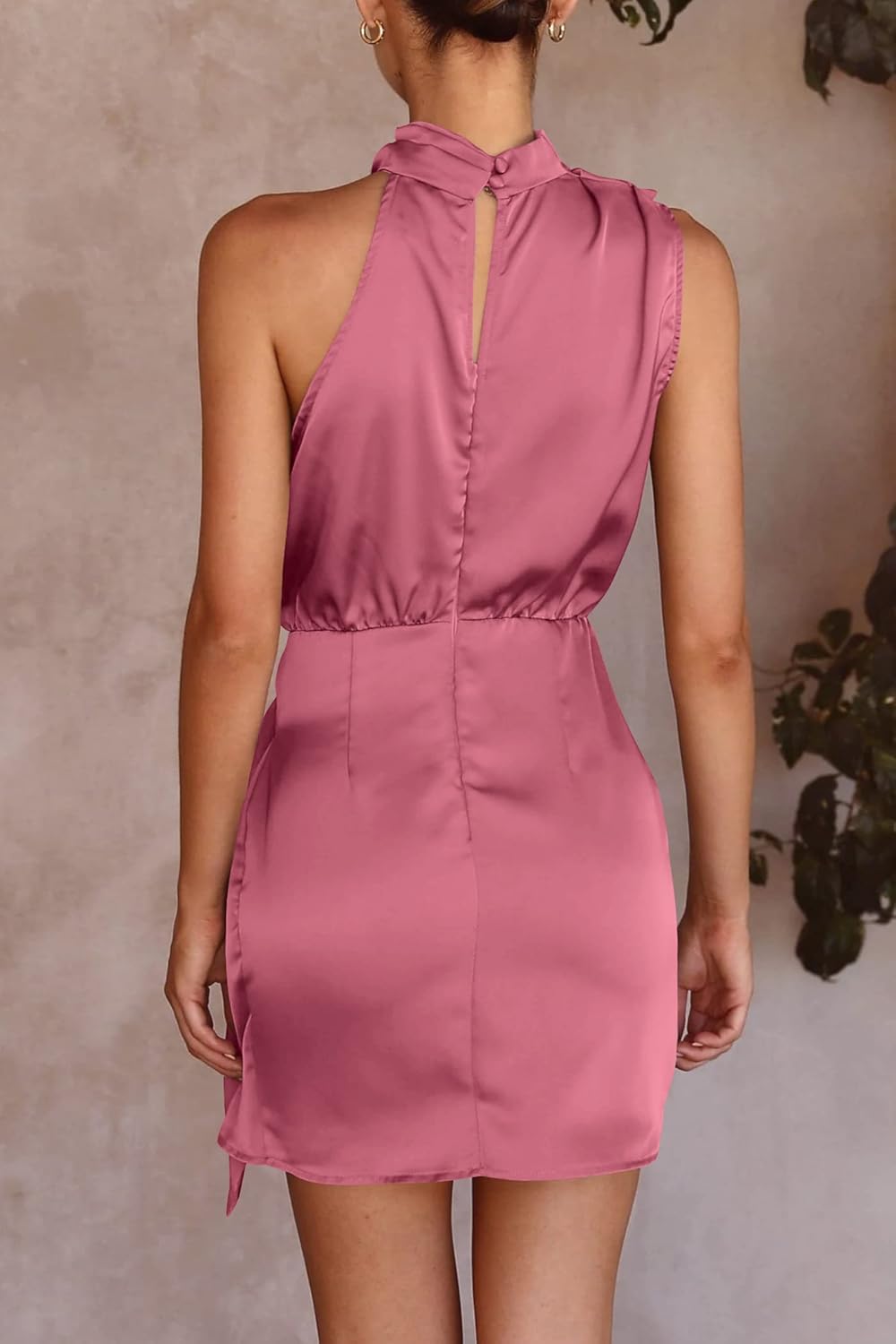 Detalle de PRETTYGARDEN Women's Short Formal Satin Dress with Mock Neck and Tie Waist