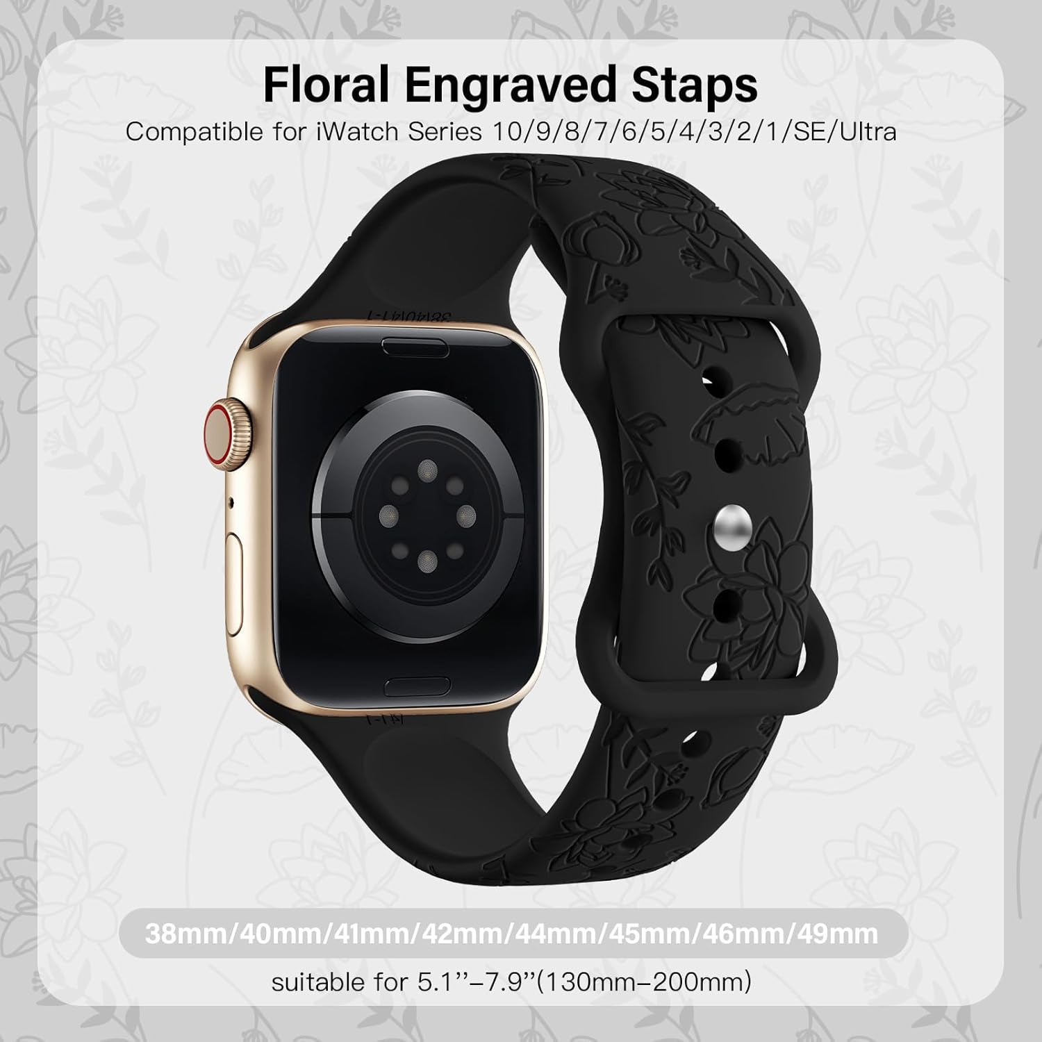 Thumbnail 2 de Yoohoo Floral Engraved Silicone Strap for Apple Watch (Women) – Soft Sport Band, Black