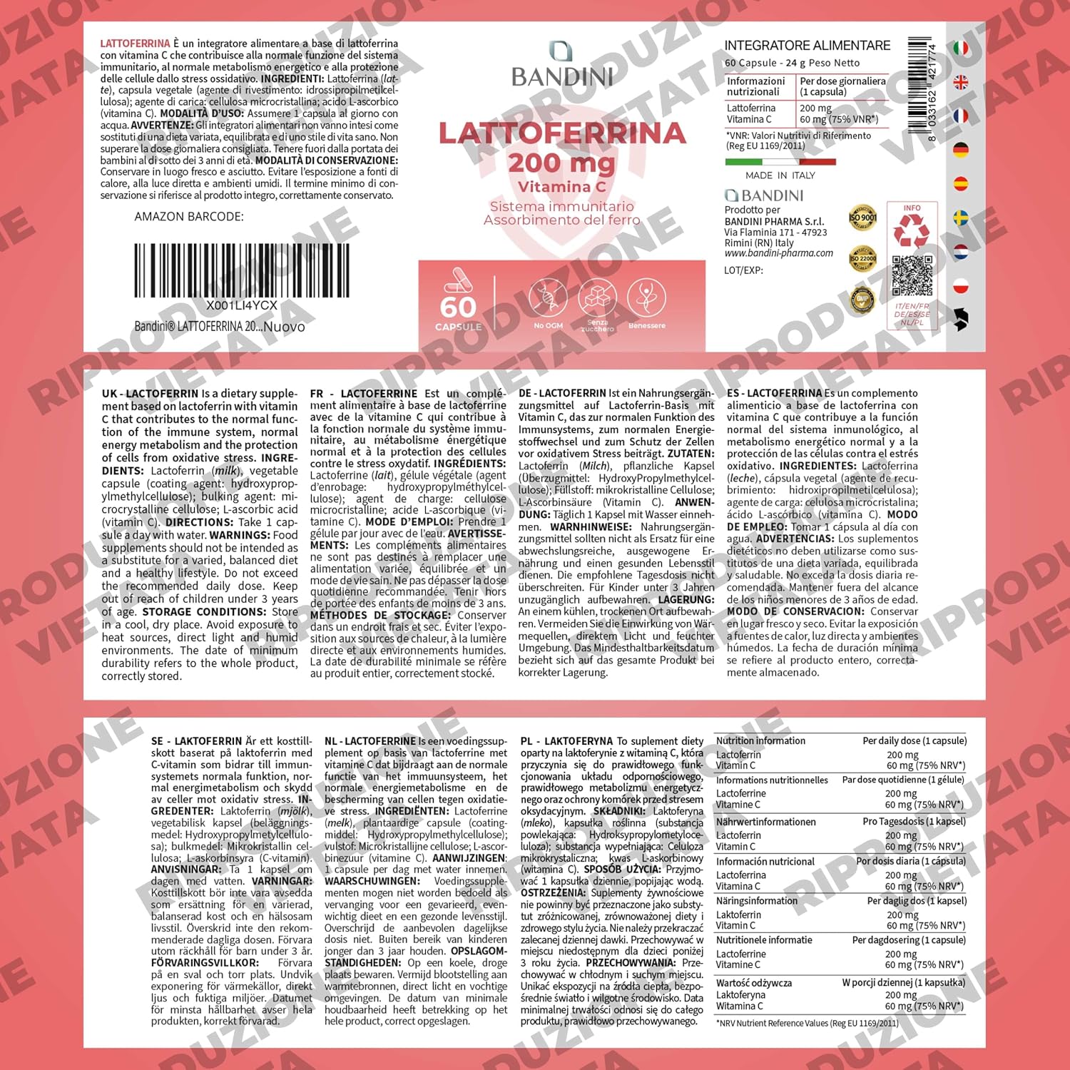 Detalle de BANDINI Lactoferrine-capsules met 200 mg lactoferrine en vitamine C